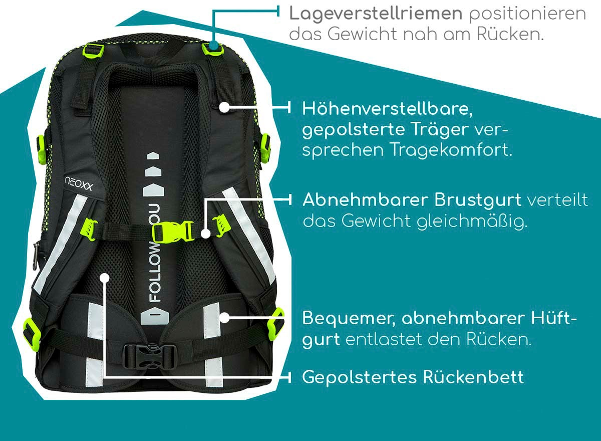 neoxx Schulrucksack »Active, All about Neon«, reflektierende Details, aus recycelten PET-Flaschen