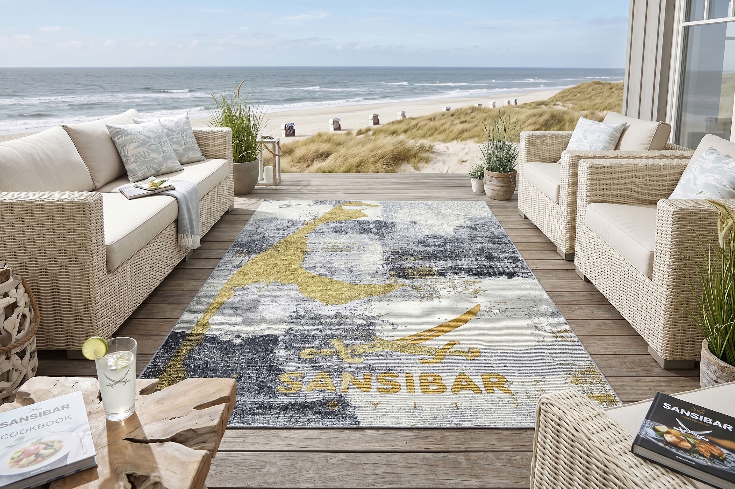 Sansibar Teppich »Rantum Beach SA-028« rechteckig 3 mm Höhe Flachgewebe, modernes Design, Motiv Sylt, In- und Outdoor geeignet