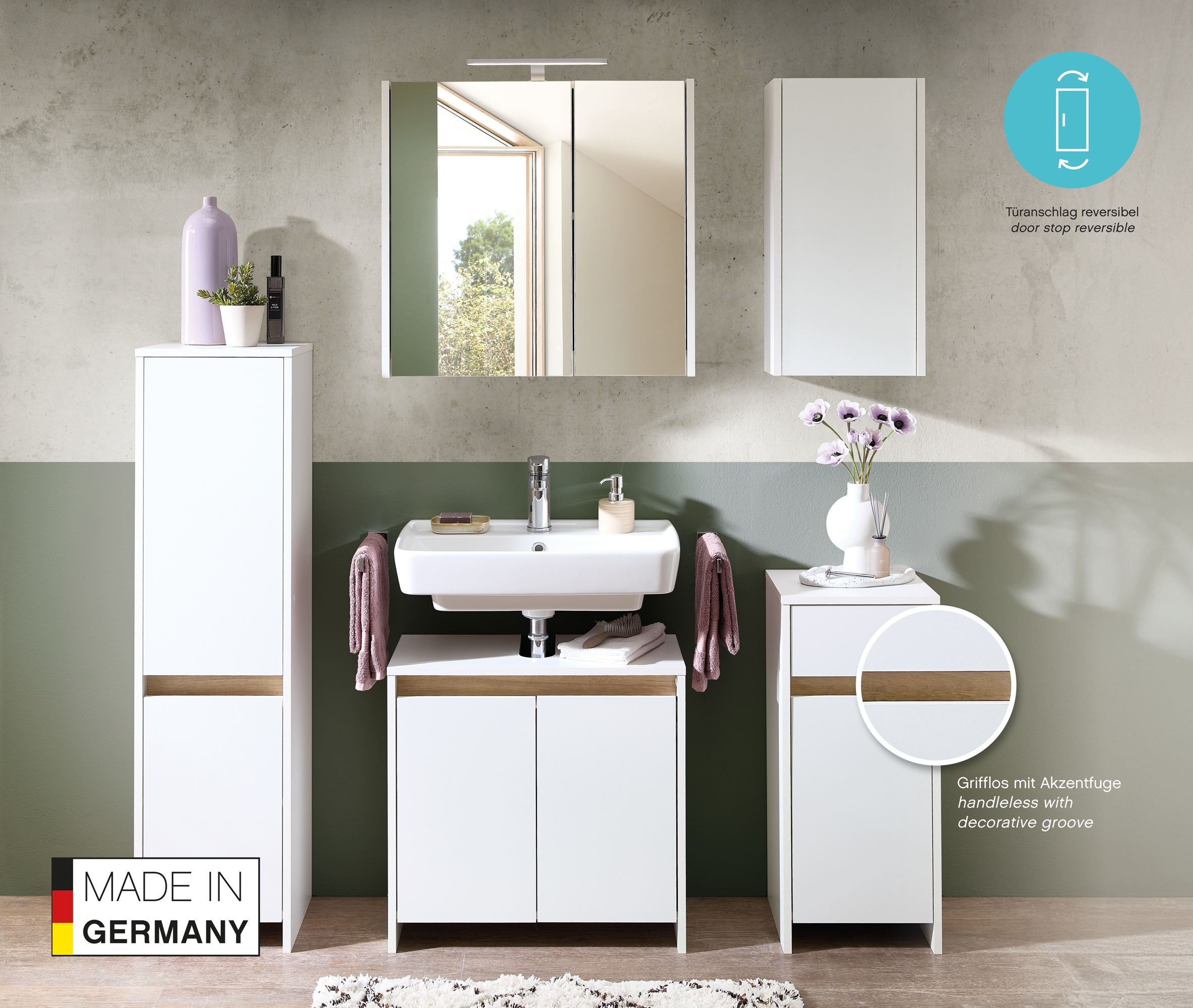 Saphir Badmöbel-Set »Quickset 100, Waschbeckenunterschrank mit Spiegelschrank«, (5 St.), Badezimmer-Set mit Unterschrank, Hängeschrank und Midischrank in Weiß