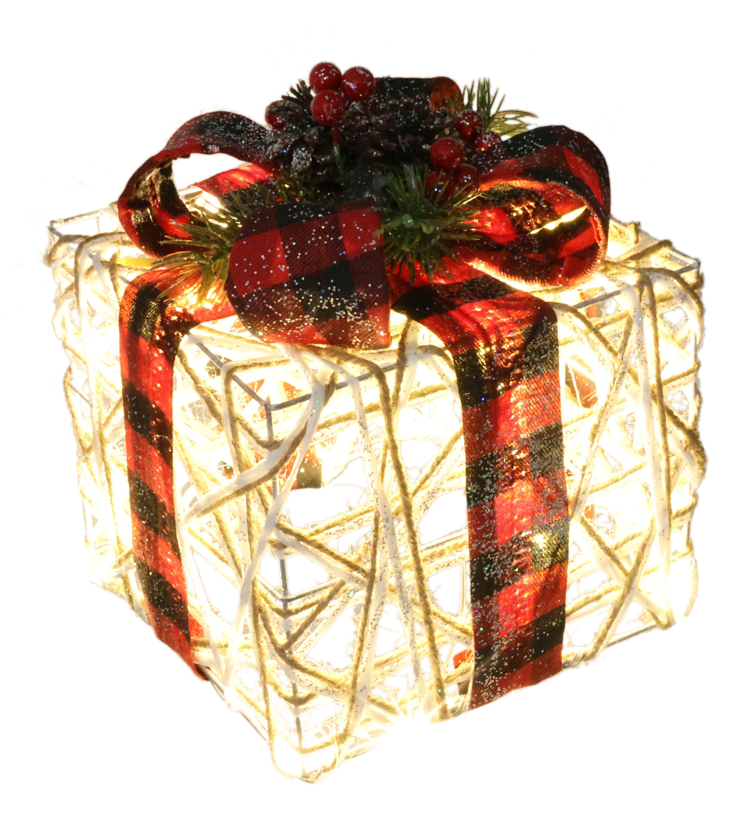 I.GE.A. Dekofigur »Weihnachtsfigur Leuchtfigur LED-Geschenk mit Schleife« Geschenkpaket Schleife Tanne Beeren Zapfen Weihnachtsdeko beleuchtet