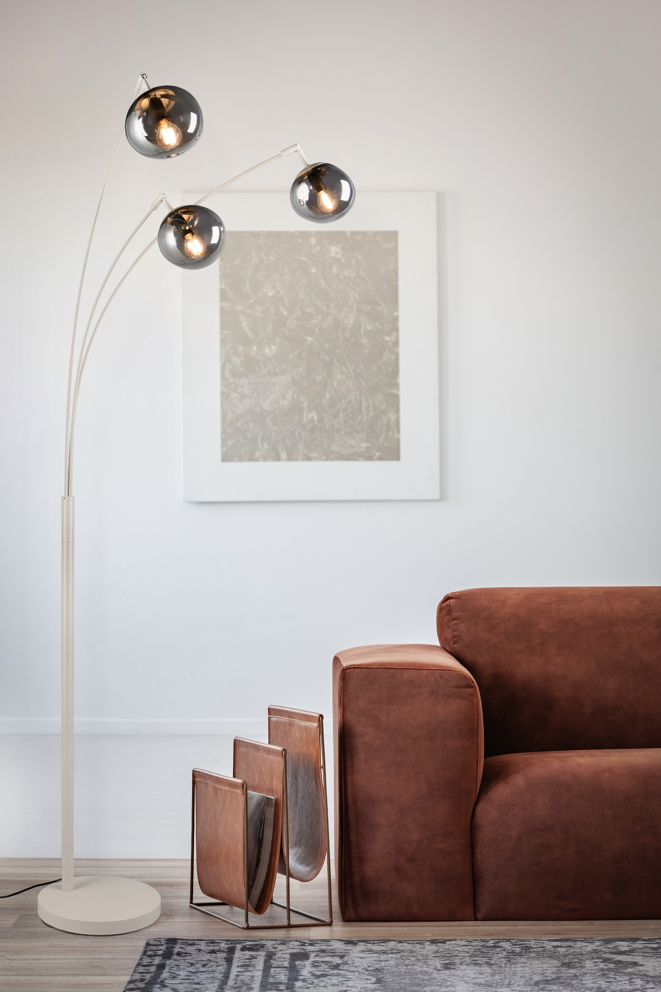 s.Oliver Stehlampe »ANJELLA, Stehleuchte exkl 3x E14 max 10W, in warm grey + smoke Glas«, 3 flammig, Leuchtmittel E14 | Leuchtmittel wechselbar, mit mundgeblasenen Glas Lampenschirmen in rauchgrau, 195 x 65 x 72 cm