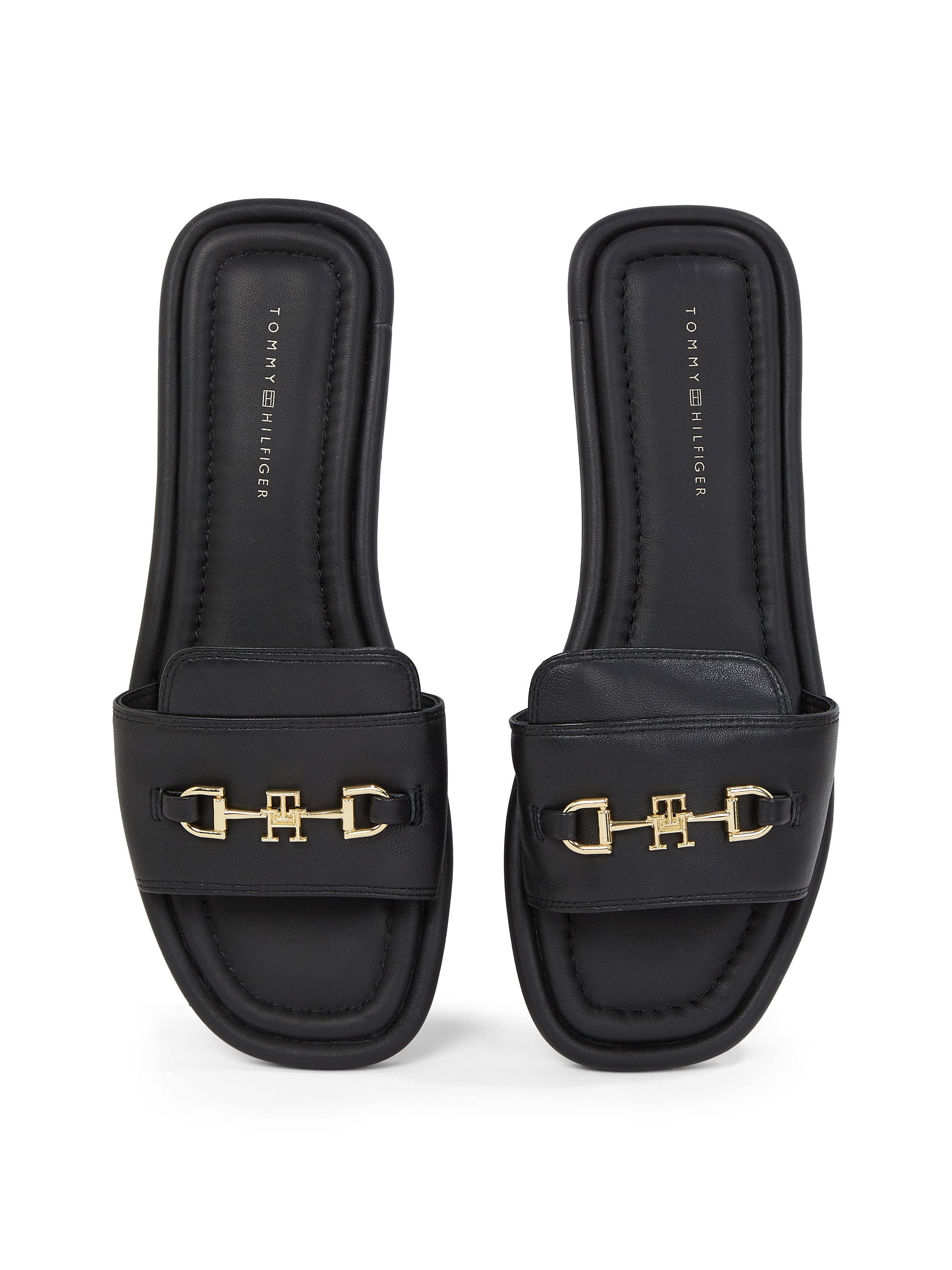 Tommy Hilfiger Pantolette »LEATHER HORSEBIT MULE«, Flats, Sommerschuh, Bequemschuh mit goldfarbener Zierspange