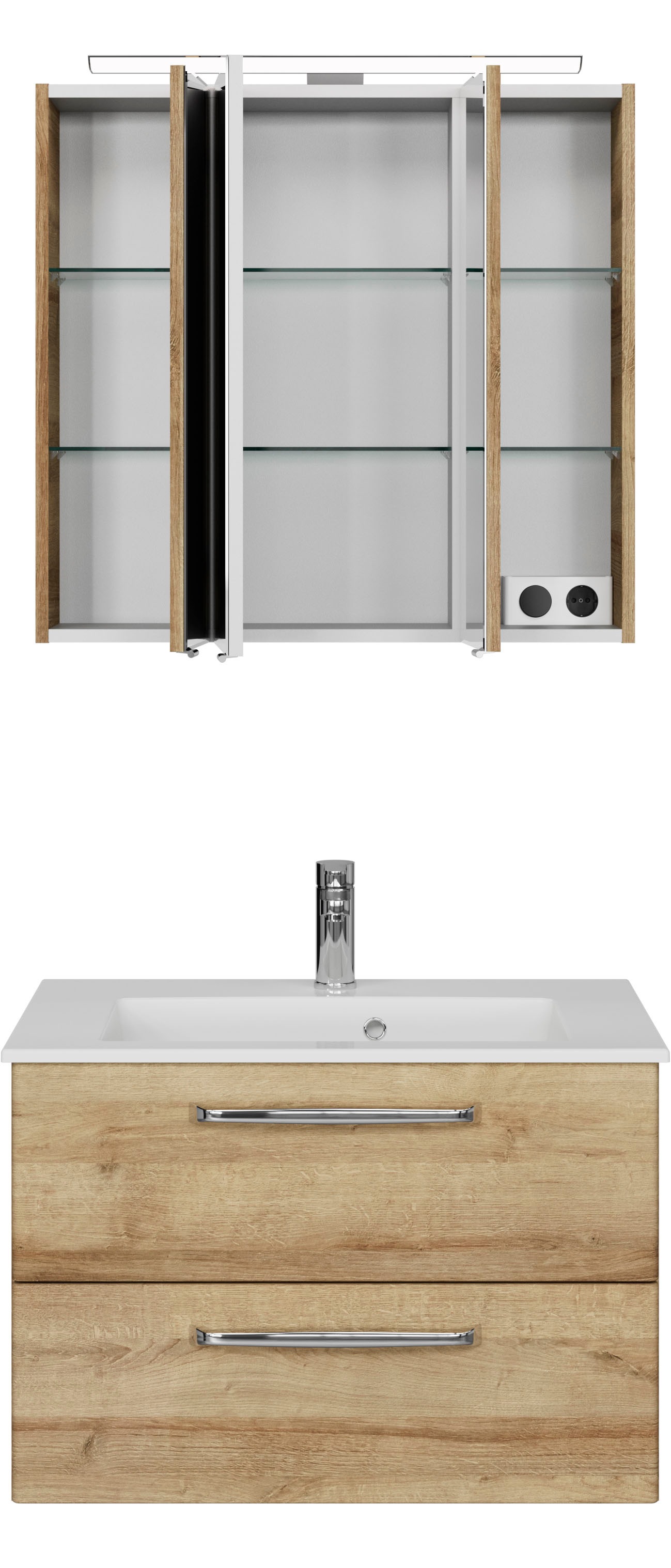 Saphir Badmöbel-Set »Trentino 2-tlg Mineralmarmor-Waschtisch,Spiegelschrank mit LED-Leuchte«, (3 St.), Badmöbel-Set 77cm breit, inkl. Türdämpfer, 3 Türen, 2 Auszügen