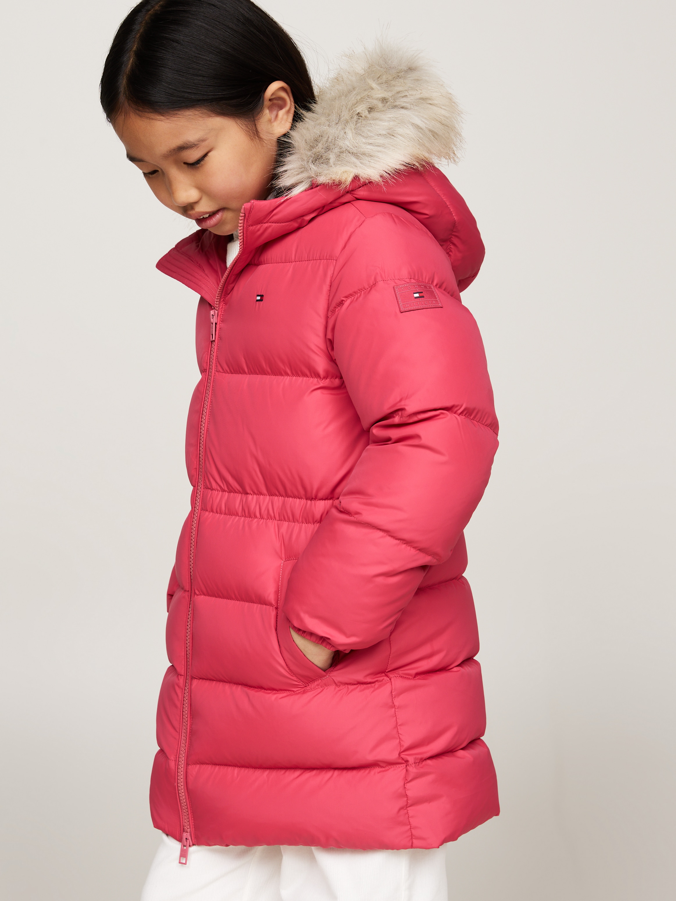 Tommy Hilfiger Mädchen Steppjacke »LONG WAISTED DOWN JACKET« mit Kapuze mit Fellimitat in pink, Größe 16 (176)
