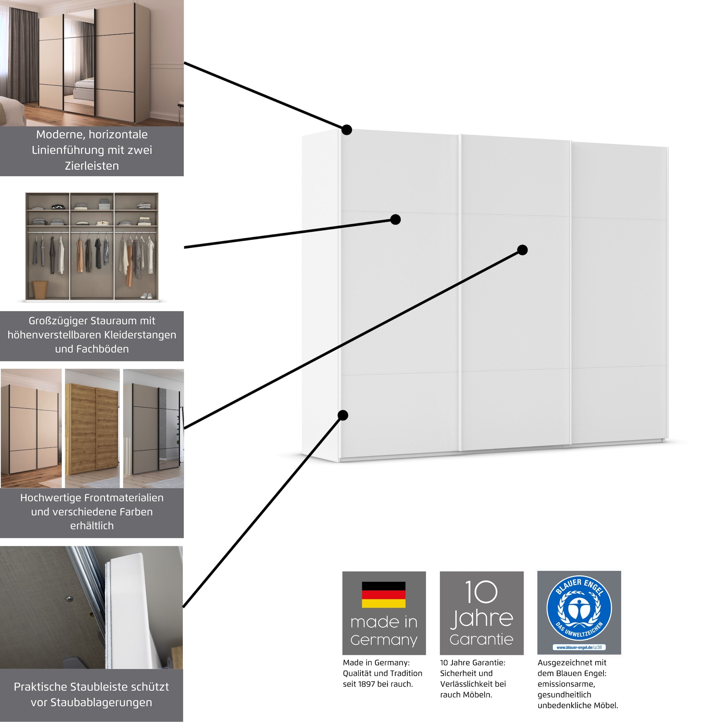 rauch Schwebetürenschrank »Kleiderschrank Schrank Garderobe Schlafzimmerschrank SCALE-TRIO«, edle dreigeteilte Front mit 2 Zierleisten Glasfront MADE IN GERMANY