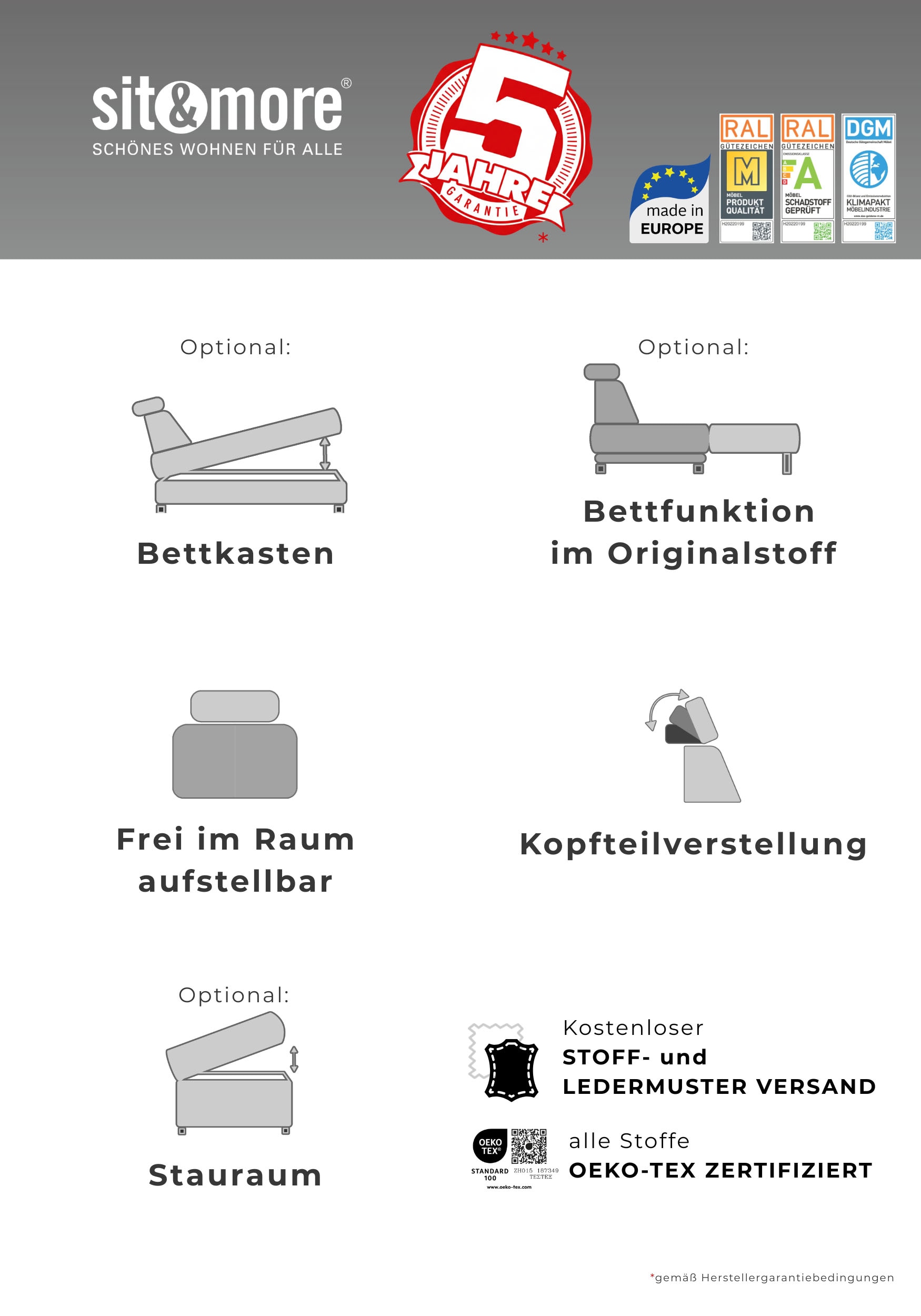 sit&more Ecksofa »Cabrio L-Form, B: 295 cm, mit Sitztiefen-, Arm- & Kopfteilverstellung« 2 Nierenkissen, Federkern, optional Schlaffunktion und Stauraum