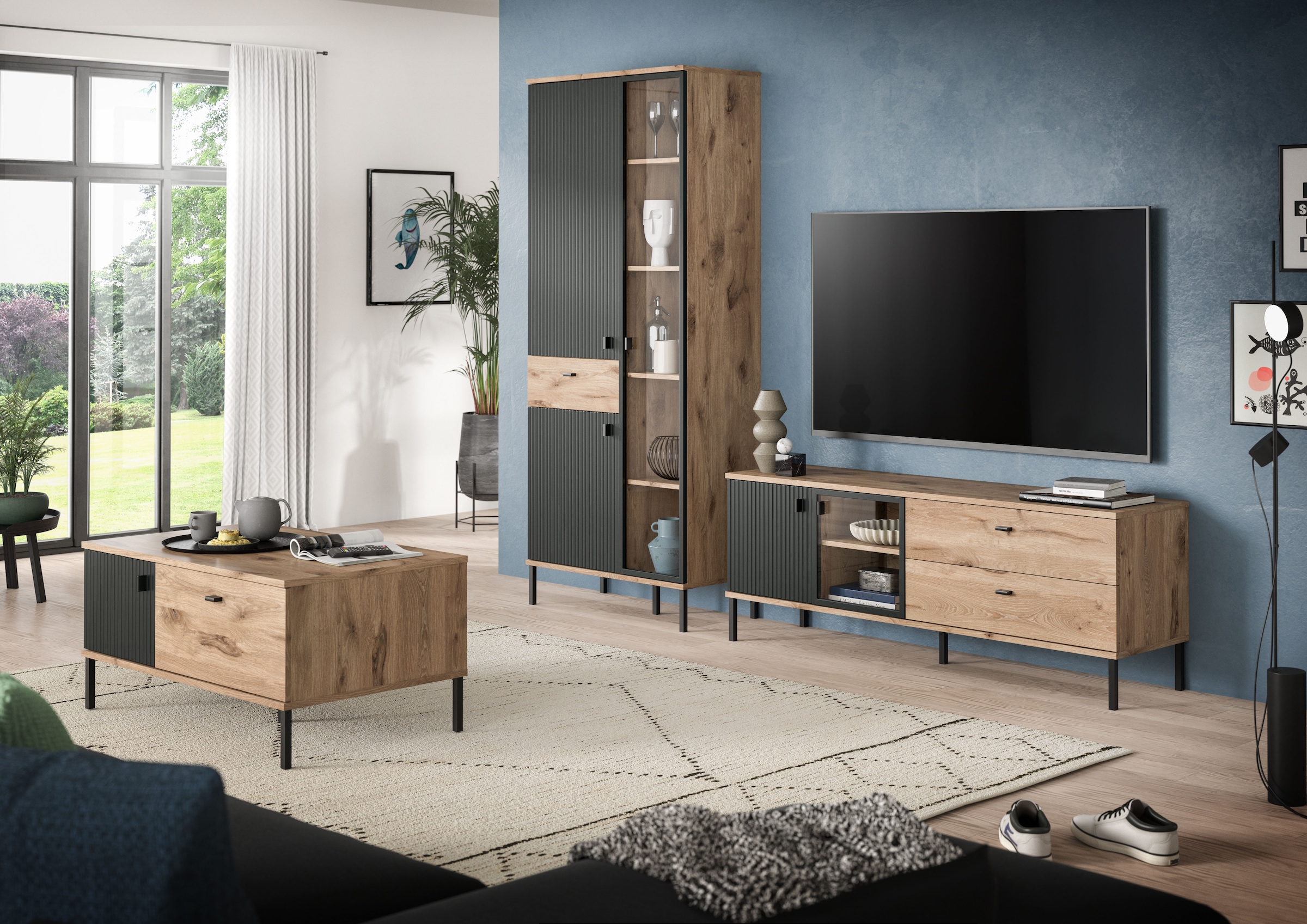 INOSIGN Wohnwand »TREVERK, Breite: 252 cm, hochwertige MDF-Front schwarz tiefzieh« Set, Set, best. aus: 1 Stauraumvitrine, 1 Lowboard, 2 Stk. tlg.