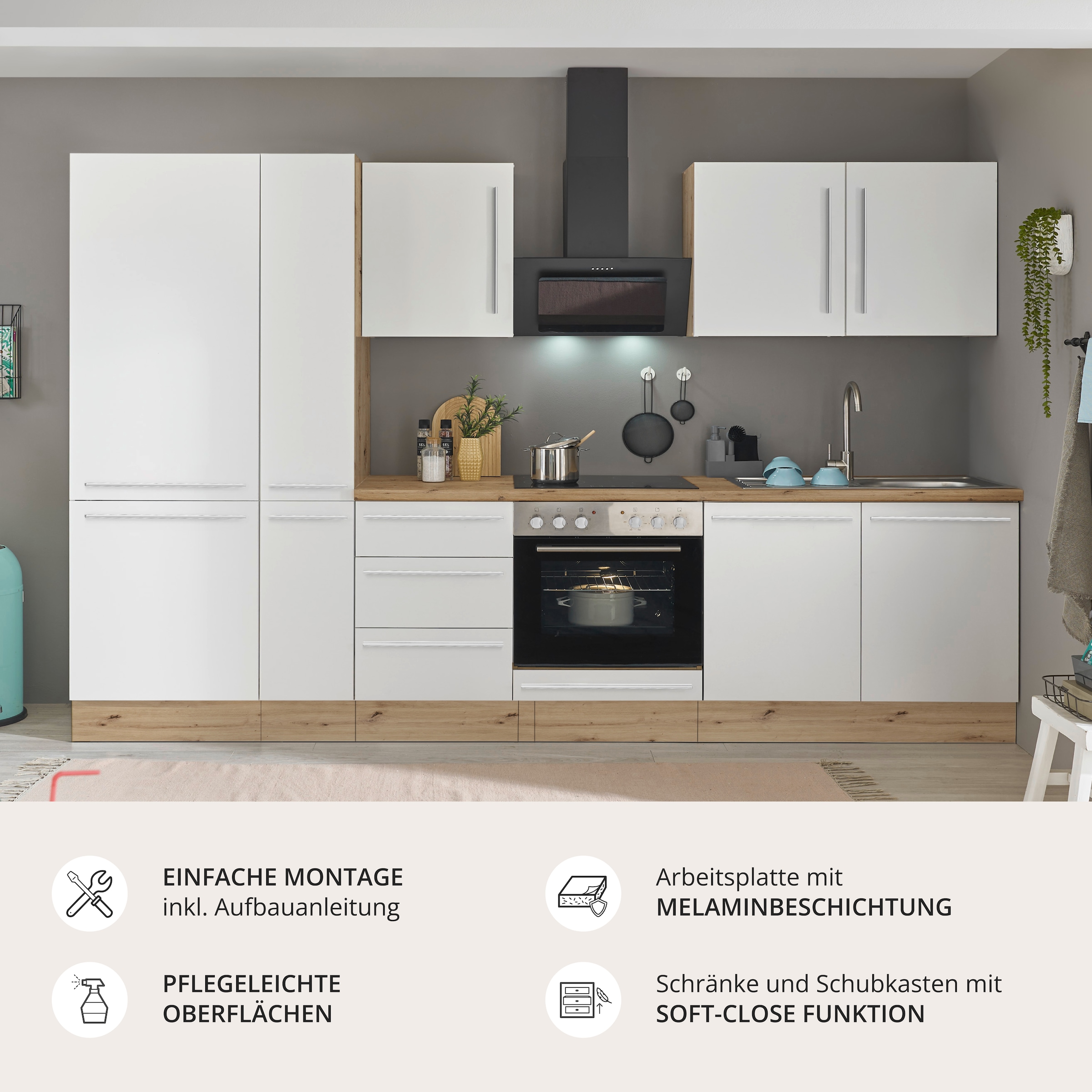 KOCHSTATION Küchenzeile »Florida« Breite 300 cm, wahlweise mit E-Geräten,Softclose für Türen/Schubkästen
