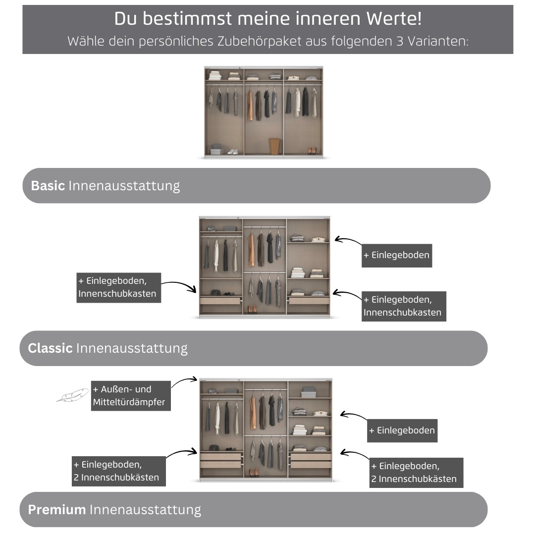 rauch Kleiderschrank »Schwebetürenschrank OTTO´s Choice Garderobe Schrank TOP ANGEBOT Avola«, (in 3 verschiedenen Ausstattungen BASIC/CLASSIC/PREMIUM inkl. Spiegel), mit eleganten Zierleisten in Chrom, Schwarz oder Weiß MADE IN GERMANY