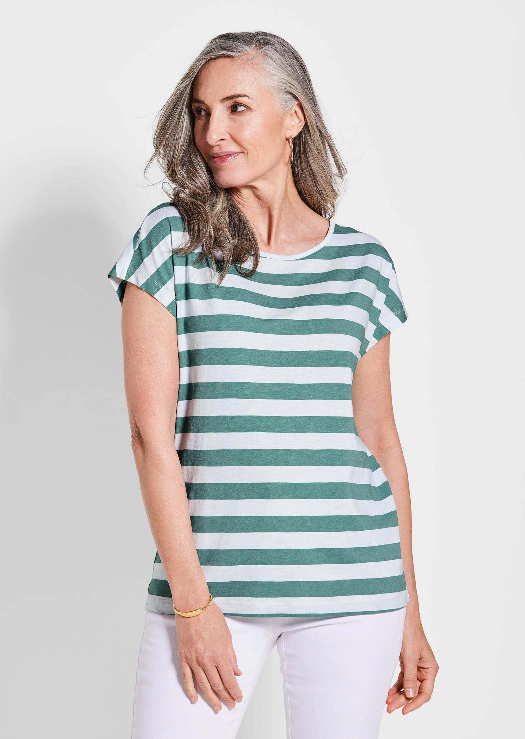 GOLDNER Kurzarmshirt »Kurzgröße Modisches Blockstreifen-Oberteil« Verlängertes Rückenteil