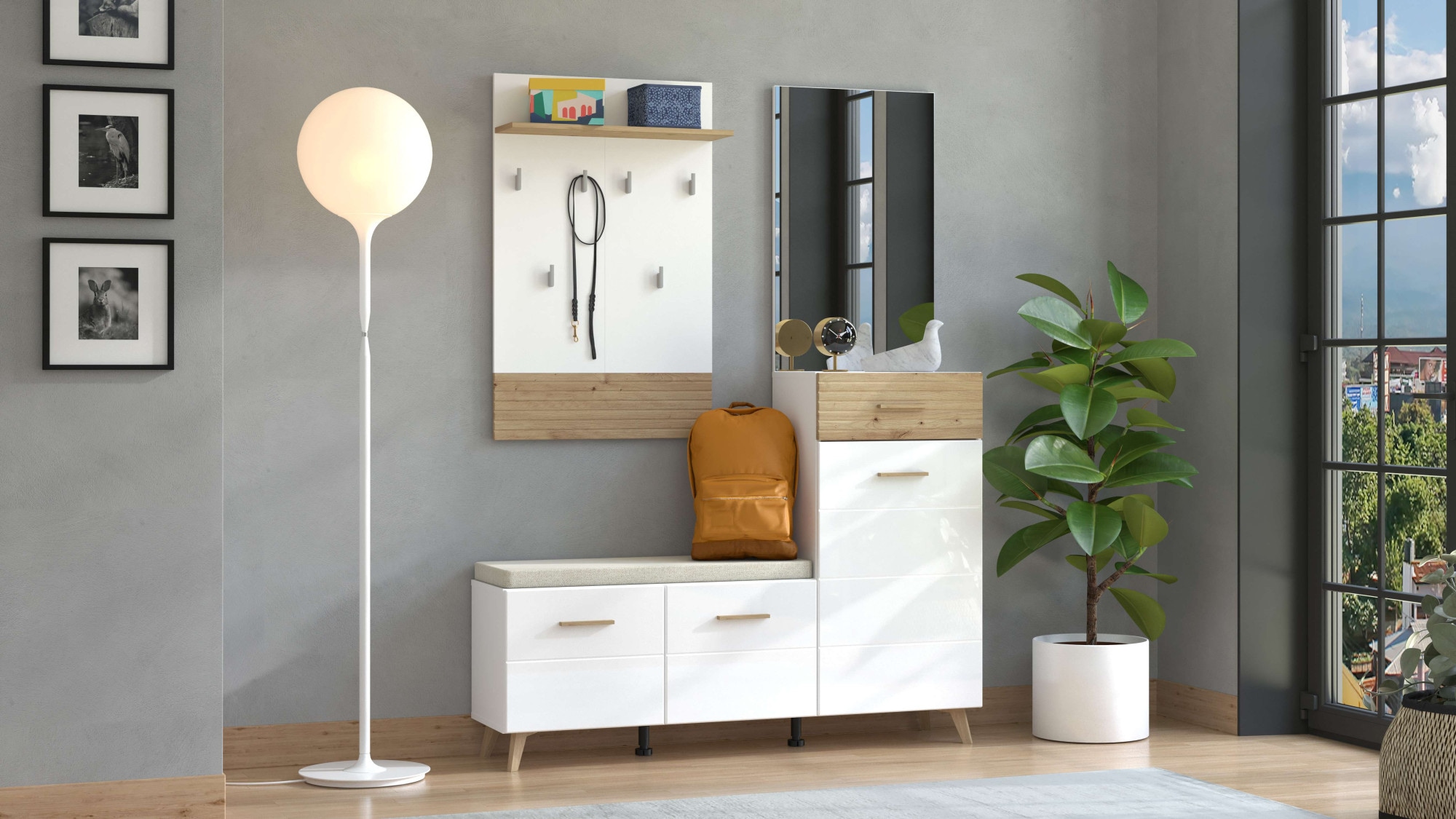 Home affaire Garderoben-Set »Sein Kompaktgarderobe, Flurgarderobe, Dielenschrank, Hochglanzfronten«, (Komplett-Set, 4 St.), mit Schuhschrank, Sitzbank, Garderobenpaneel und Spiegel