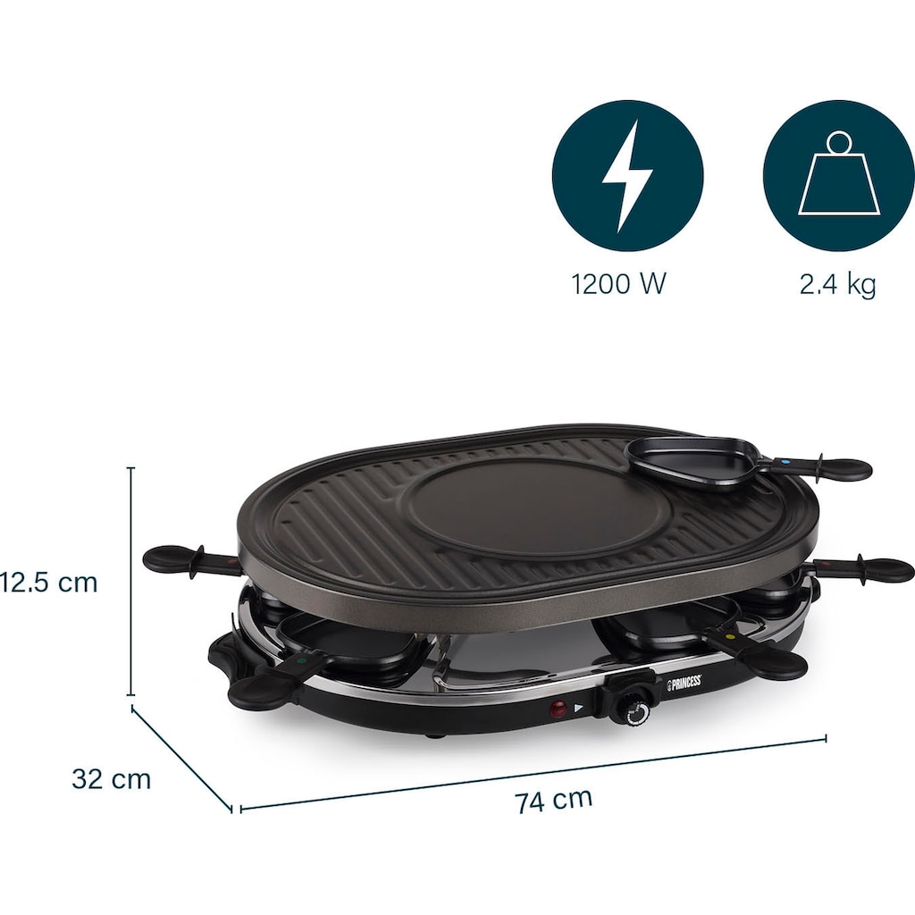 PRINCESS Raclette »162700 - Oval - 8 Pfannen«, 8 St. Raclettepfännchen, 1200 W, Multifunktionale Platte, inklusive 8 Pfännchen und 8 Holzschabern