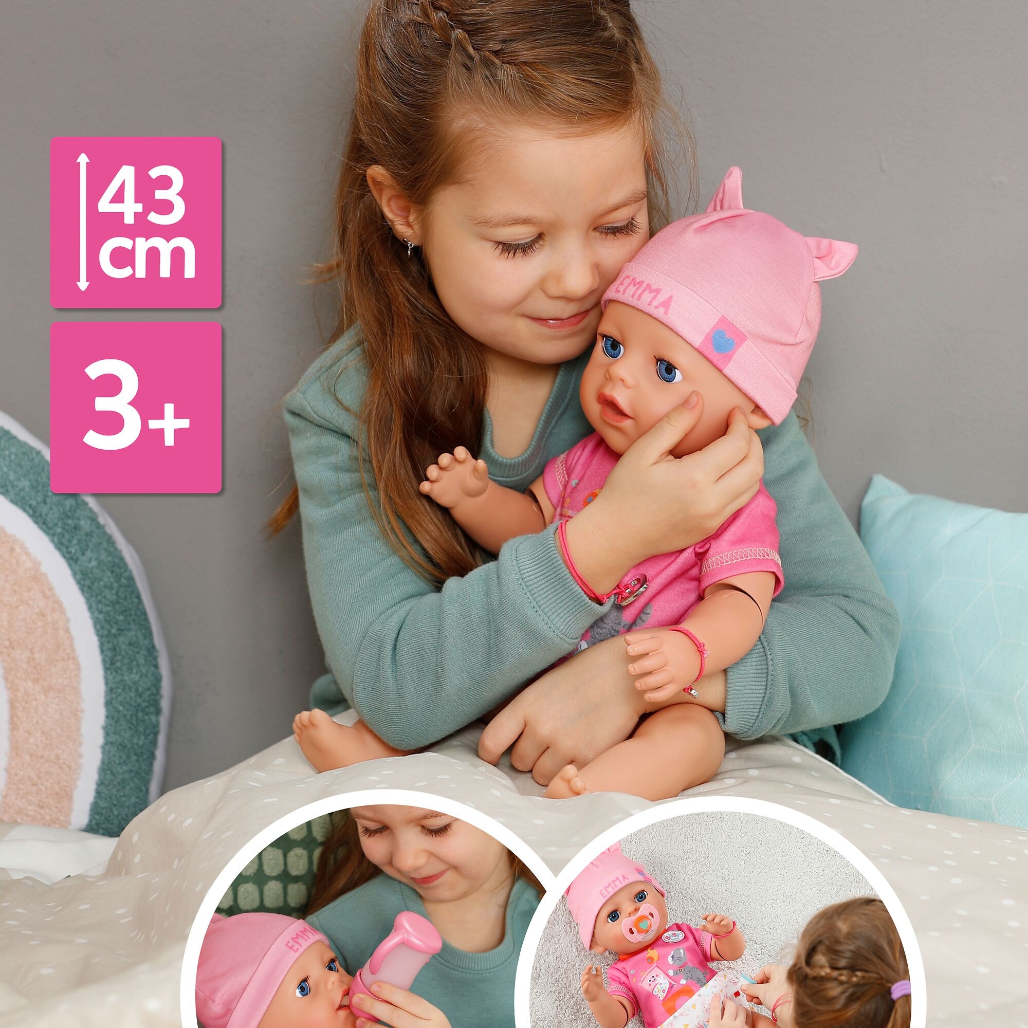 Baby Born Babypuppe »Emma Click & Play 43cm« mit Click-&-Play: Hält Fläschchen und Löffel selbst - ohne Batterien