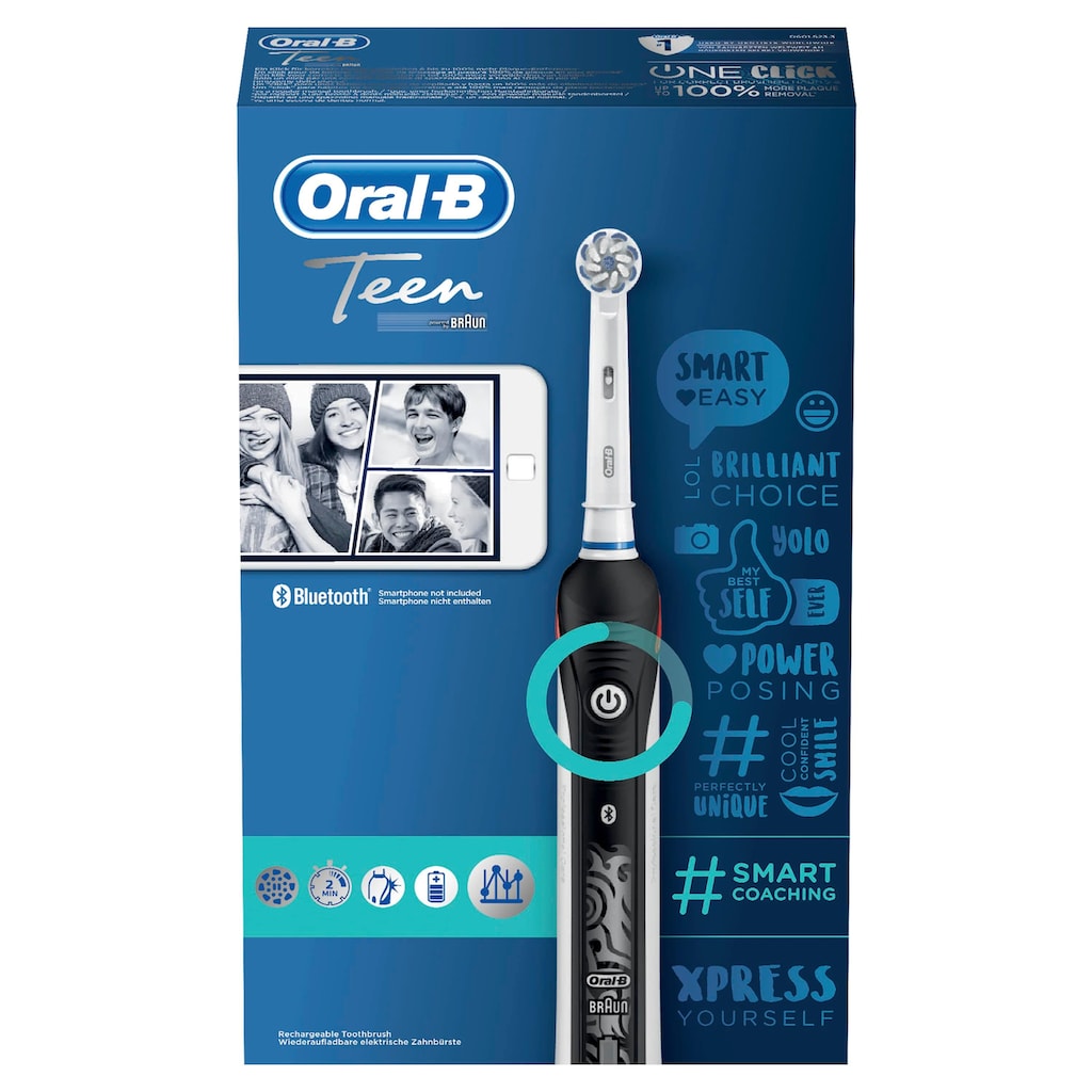 Oral-B Elektrische Zahnbürste »Teen Black«, 2 St. Aufsteckbürsten, mit visueller Andruckkontrolle