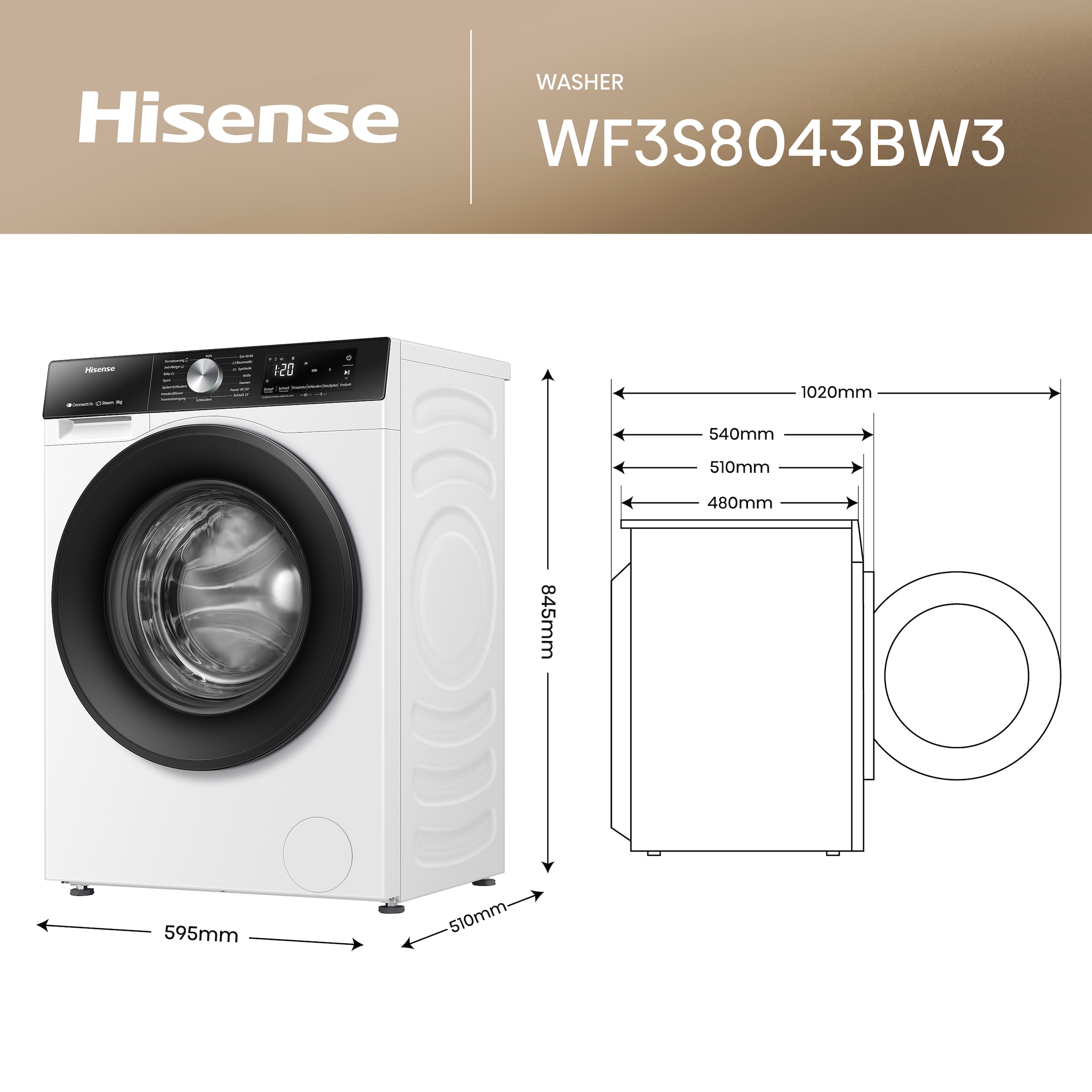 Hisense Waschmaschine »WF3S8043BW3«, 8 kg, 1400 U/min, Wifi-ConnectLife