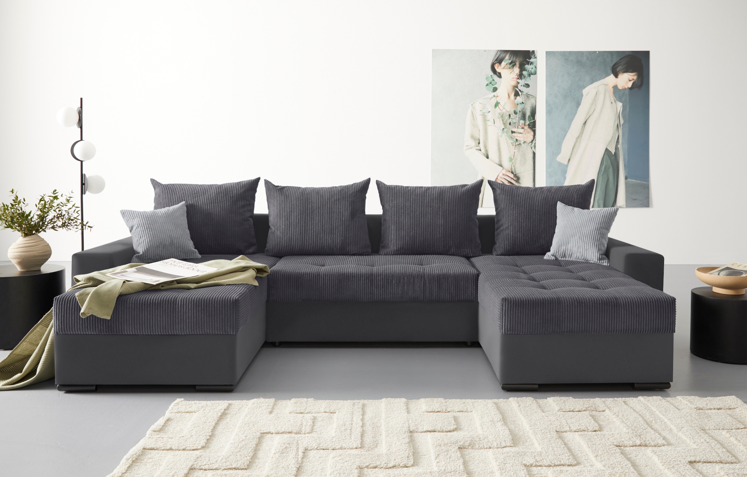 COLLECTION AB Wohnlandschaft »XL-Josy U-Form, Breite 313 cm, Cord-/Mix«, inkl. Bettfunktion, Bettkasten, mit 4 gleich großen Rückenkissen
