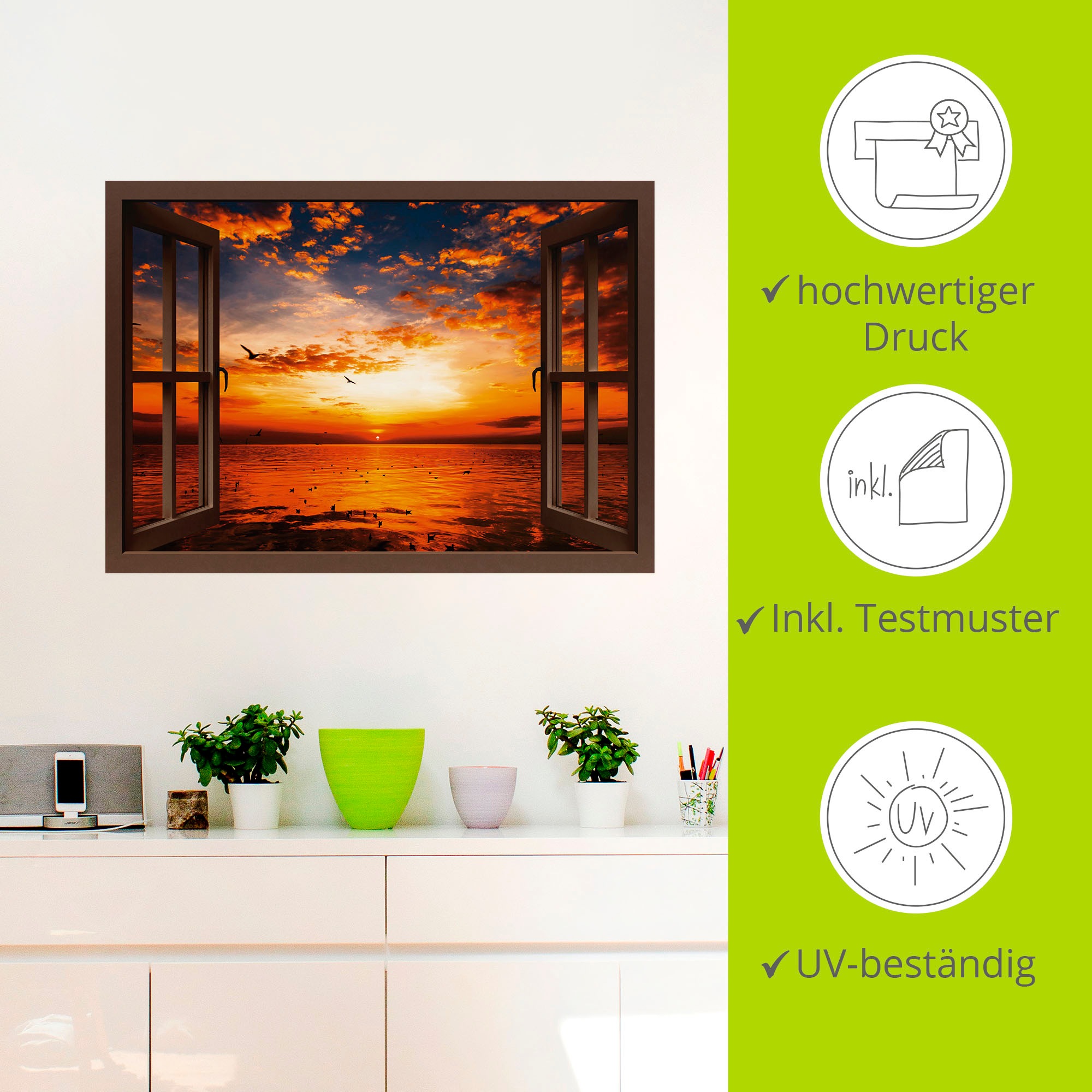 Artland Wandbild »Fensterblick Sonnenuntergang am Strand«, Fensterblick, (1 St.), als Leinwandbild, Poster, Wandaufkleber in verschied. Größen
