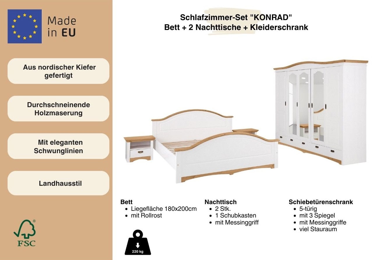 Home affaire Schlafzimmer-Set »"Konrad", komplettes Schlafzimmer mit großem Schrank«, (Set, 4 tlg., Kleiderschrank 5 türig mit Schubladen, 2 Nachttische, Bett 180x200cm), mit 5-trg. Kleiderschrank, Bett 180/200 cm und 2 Nachttischen