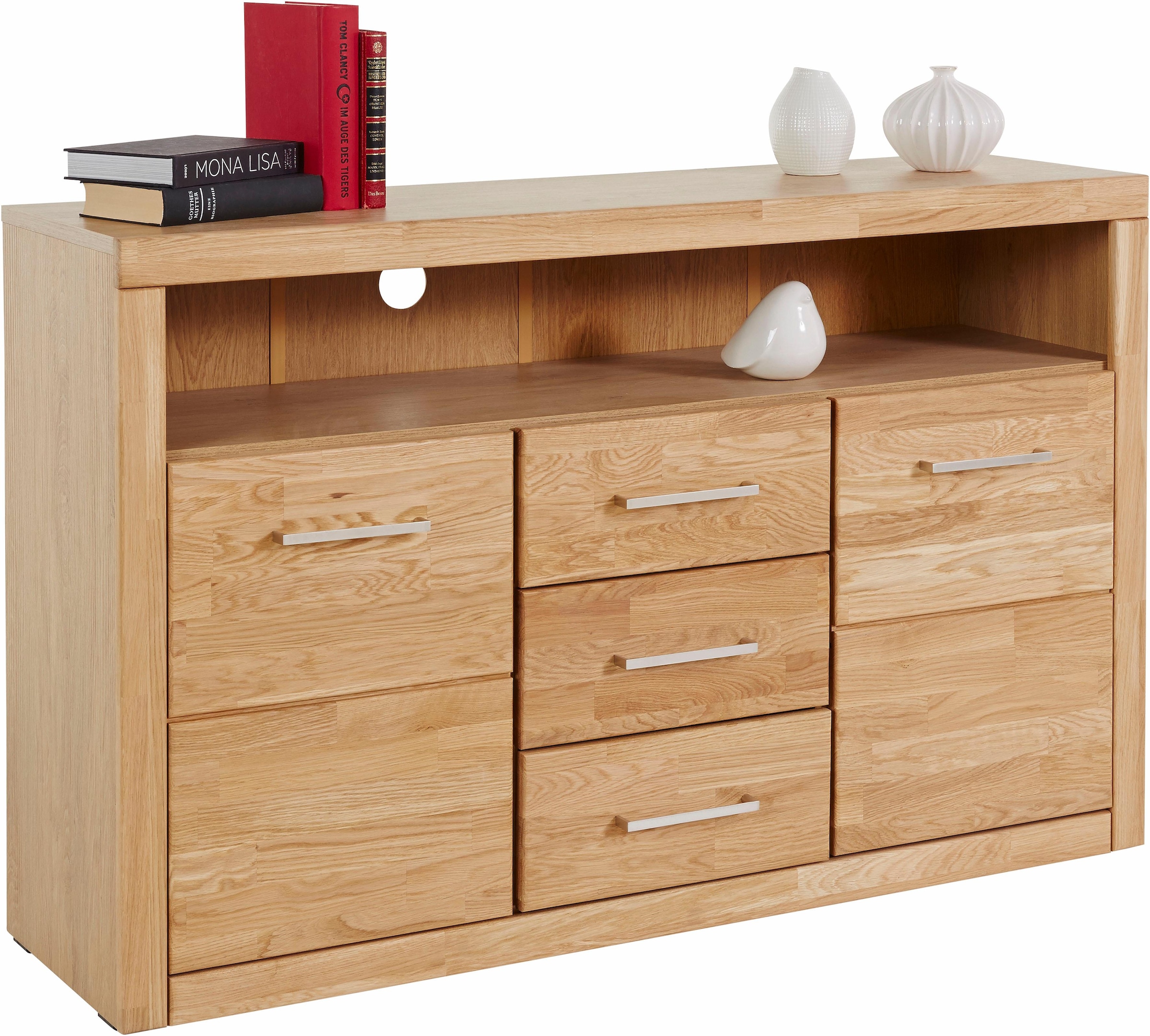 Home affaire Sideboard »Ribe,130cm breit,80cm hoch,Oberplatte Holz massiv,6 Fächer«, Holz massiv, Holzwerkstoff, Metall Griffe,2 Türen,3 Schubladen