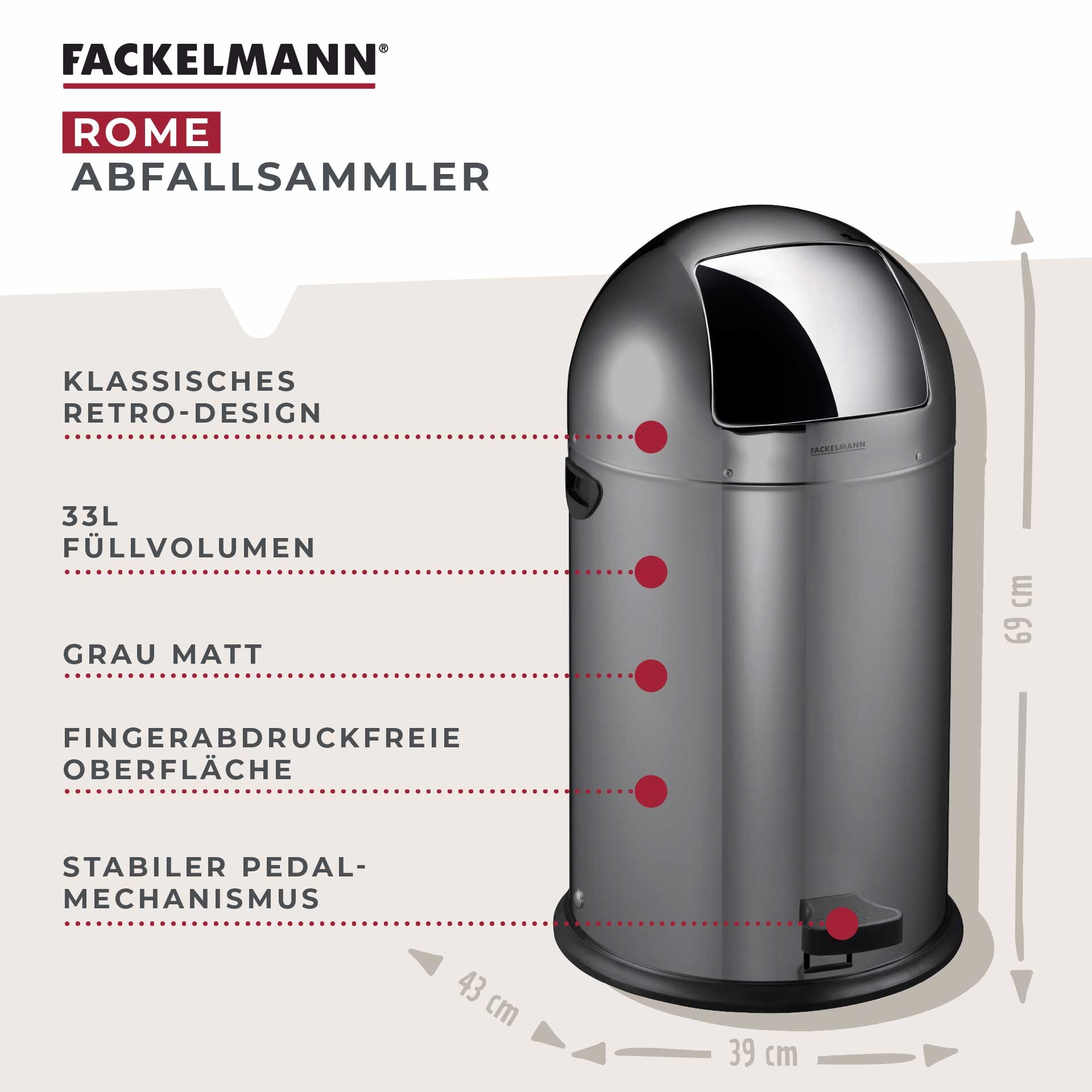 FACKELMANN Mülleimer »ROME, Pedal-Abfalleimer 33L« 1 Behälter Retro-Design, mit robustem Pedalmechanismus und Edelstahl-Inneneimer