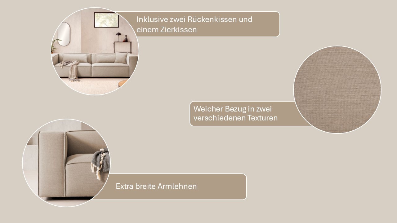 LeGer Home by Lena Gercke 3-Sitzer »PIARA, Couch mit Kedernaht, Sofa in Cord oder Leinenoptik«, schwarze Füße, bequemer Sitzkomfort