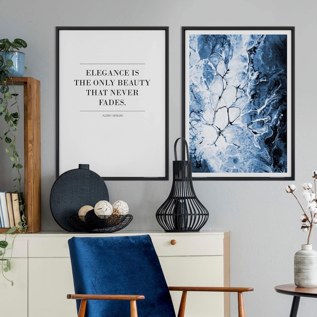 Wall-Art Poster »Blaue Eleganz Kunstdruck mit Zitat«, Landschaften, (Set, 2 St.)