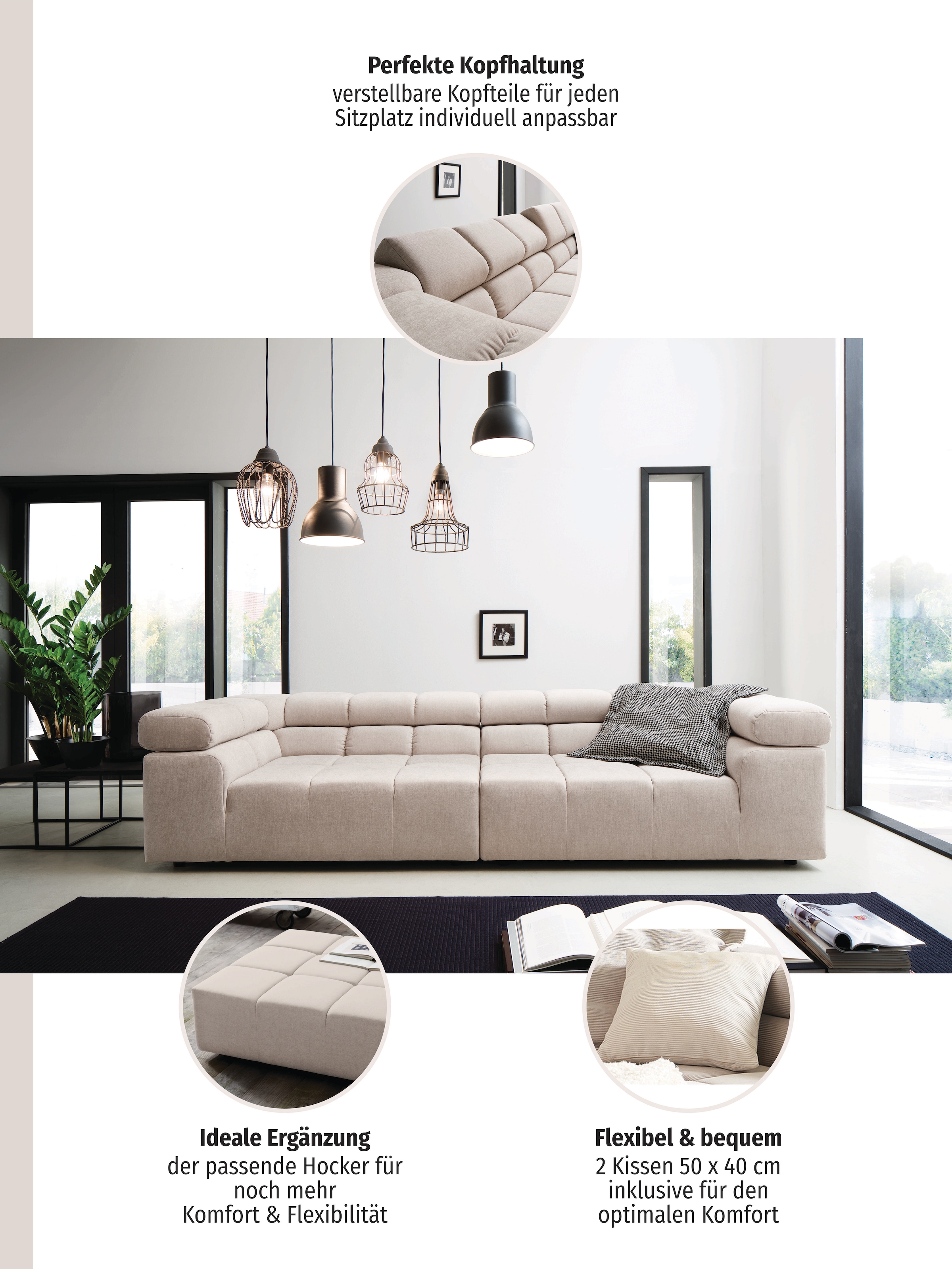 INOSIGN Big-Sofa »Ancona B/T/H: 290/110/70 cm«, auffällige Steppung, inkl. 2 Zierkissen und verstellbaren Kopfstützen