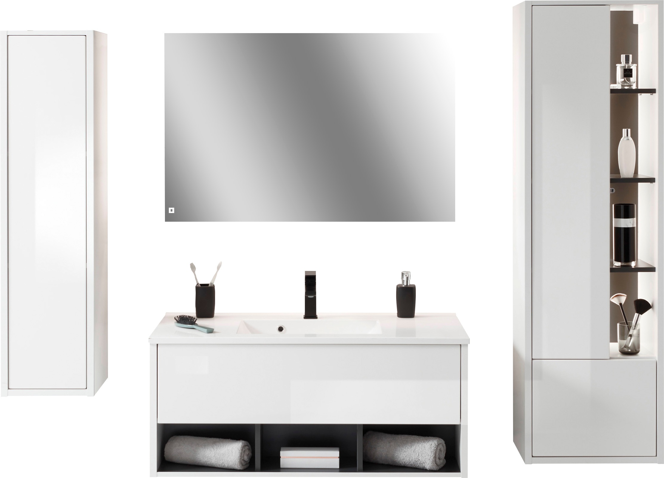 Places of Style Badmöbel-Set »Studio Line, Bad im modernen Design, 4-teiliges Badezimmer«, (4 St.), Schrank, Waschtisch und Spiegel, in zwei Farben verfügbar, Stauraum