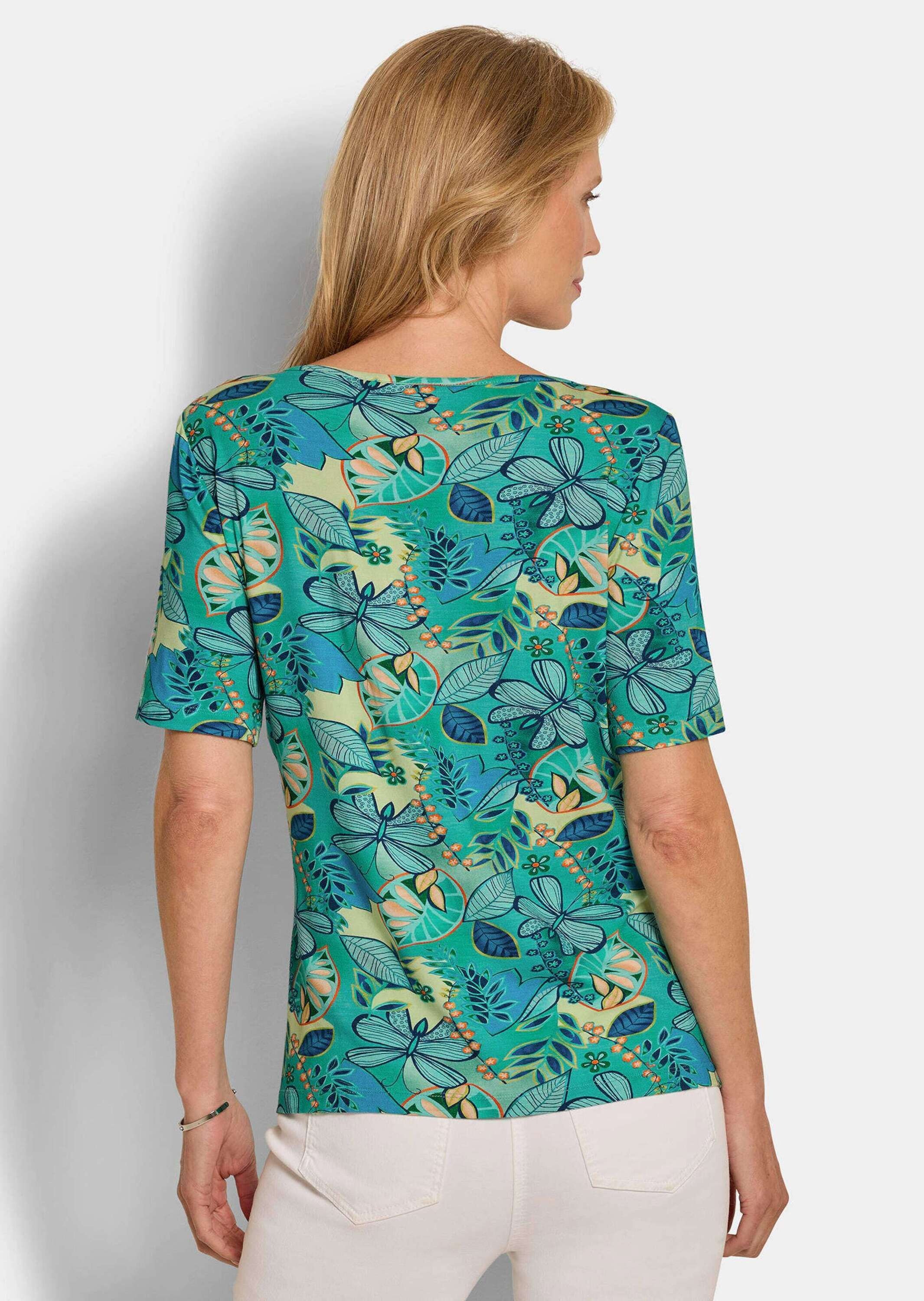 GOLDNER Kurzarmshirt »Kurzgröße Cityshirt mit floralem Print« stretchbequemer Viskosejersey