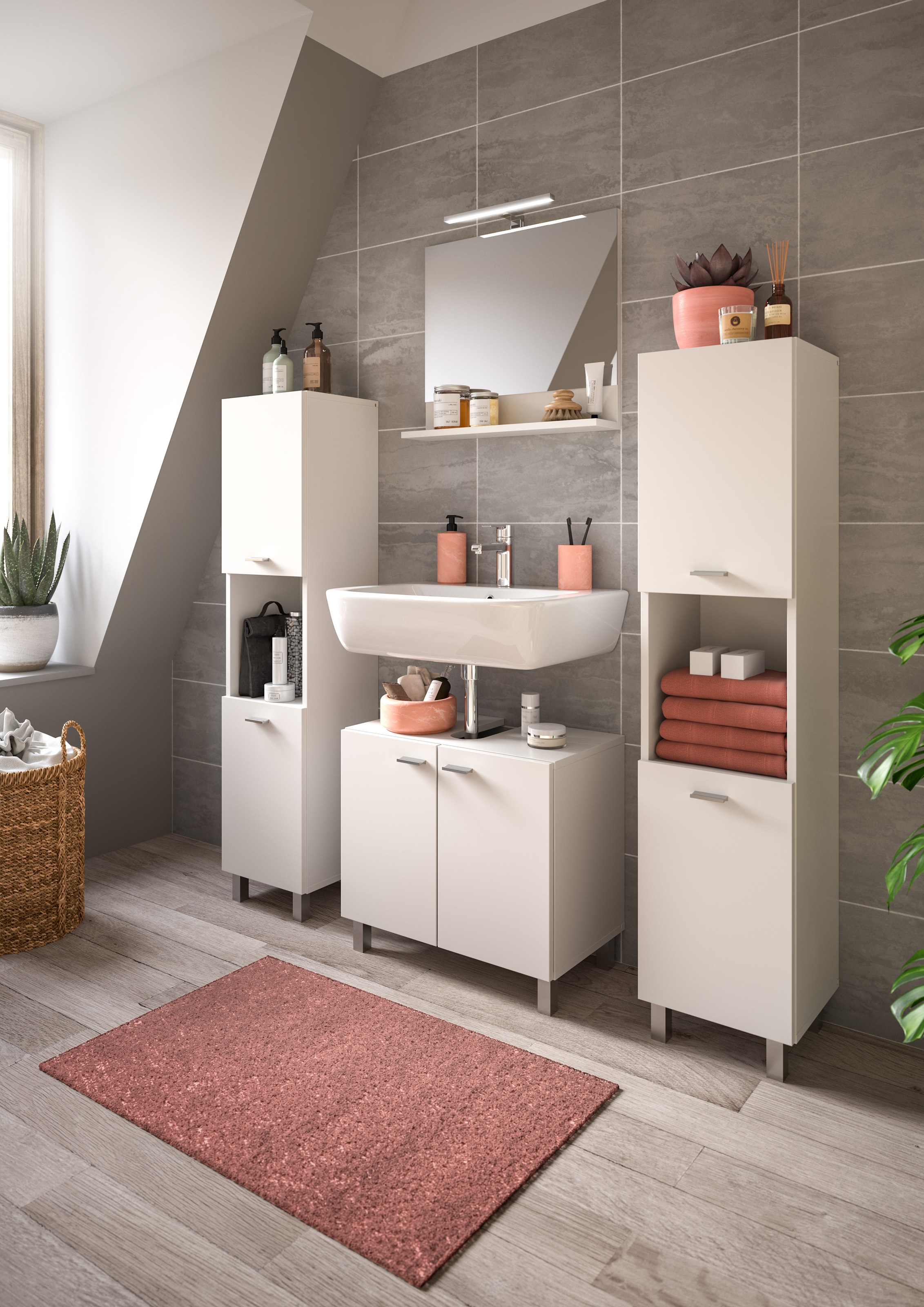welltime Badmöbel-Set »Tampa, Breite 137cm, 4-teilig«, (4 St.), Waschbeckenunterschrank, Spiegel, Hochschrank