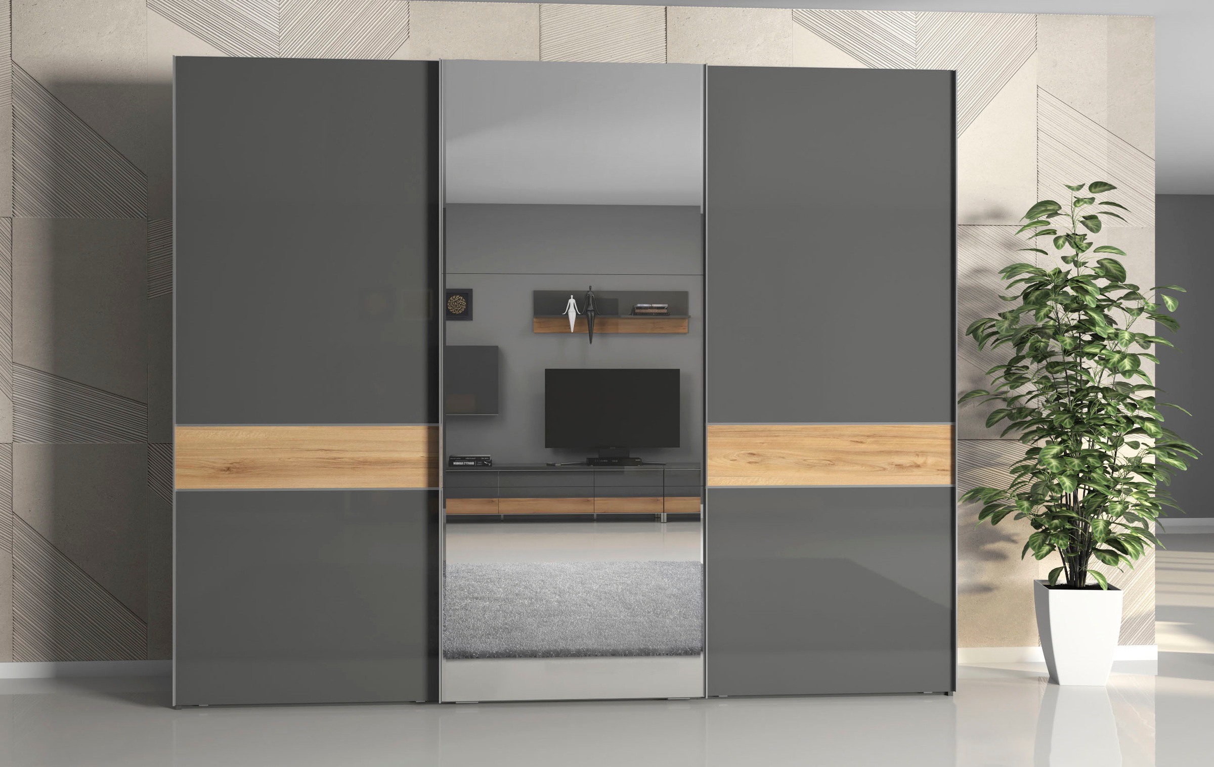 Places of Style Schwebetürenschrank »Onyx, Schwebetürenschrank inklusive Innenleben, FSC-zertifiziert«, (in 3 Breiten: 182, 230 oder 272cm, Höhe 224cm, mit Spiegel), UV lackiert, hochglänzend anthrazit, mit Soft-Close Funktion