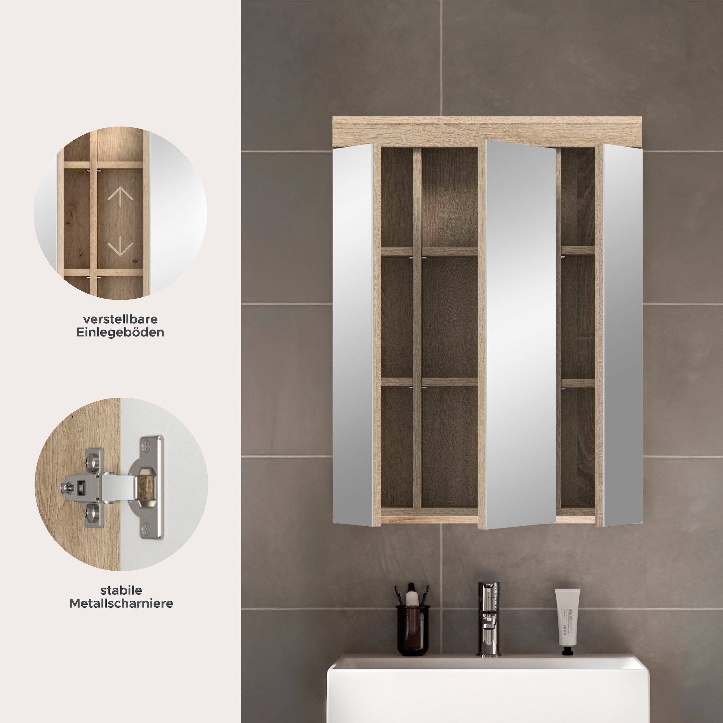 welltime Badezimmerspiegelschrank »SIENA, Breite 60cm, 3 Spiegeltüren, 9 Fächer, 6 Einlegeböden« TOPSELLER!, 1 Stk. tlg. in verschiedenen Farben erhältlich, Badmöbel, Spiegel, Badschrank, Bad