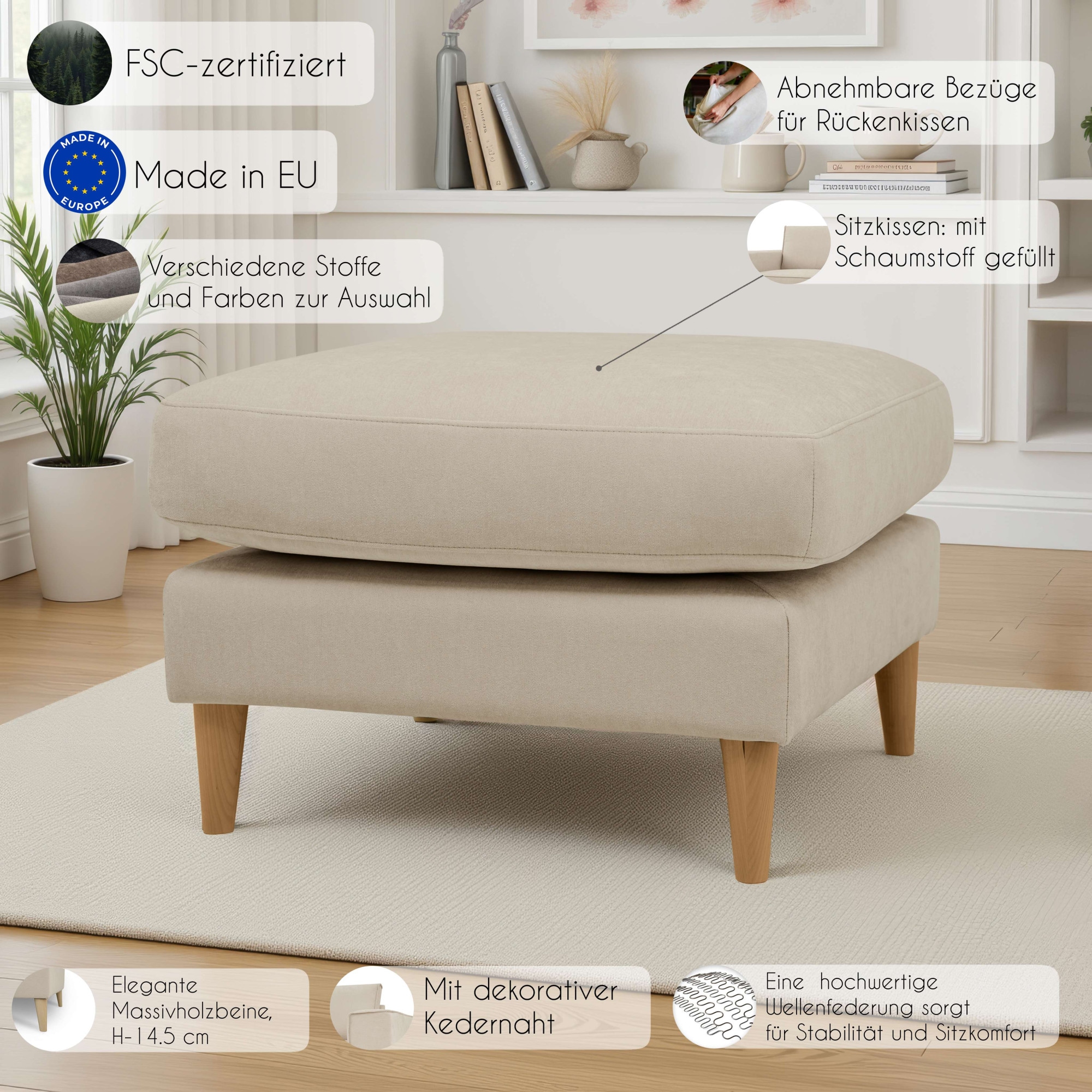 OTTO home Pouf »Finnian« Polsterhocker 70x70 cm, Chenille-Bezug, Massivholzfüße