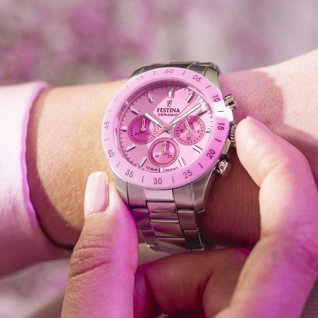 Festina Chronograph »Ceramic«, Quarzuhr, Armbanduhr, Damen, Herren, Edelstahlarmband, Keramiklünette