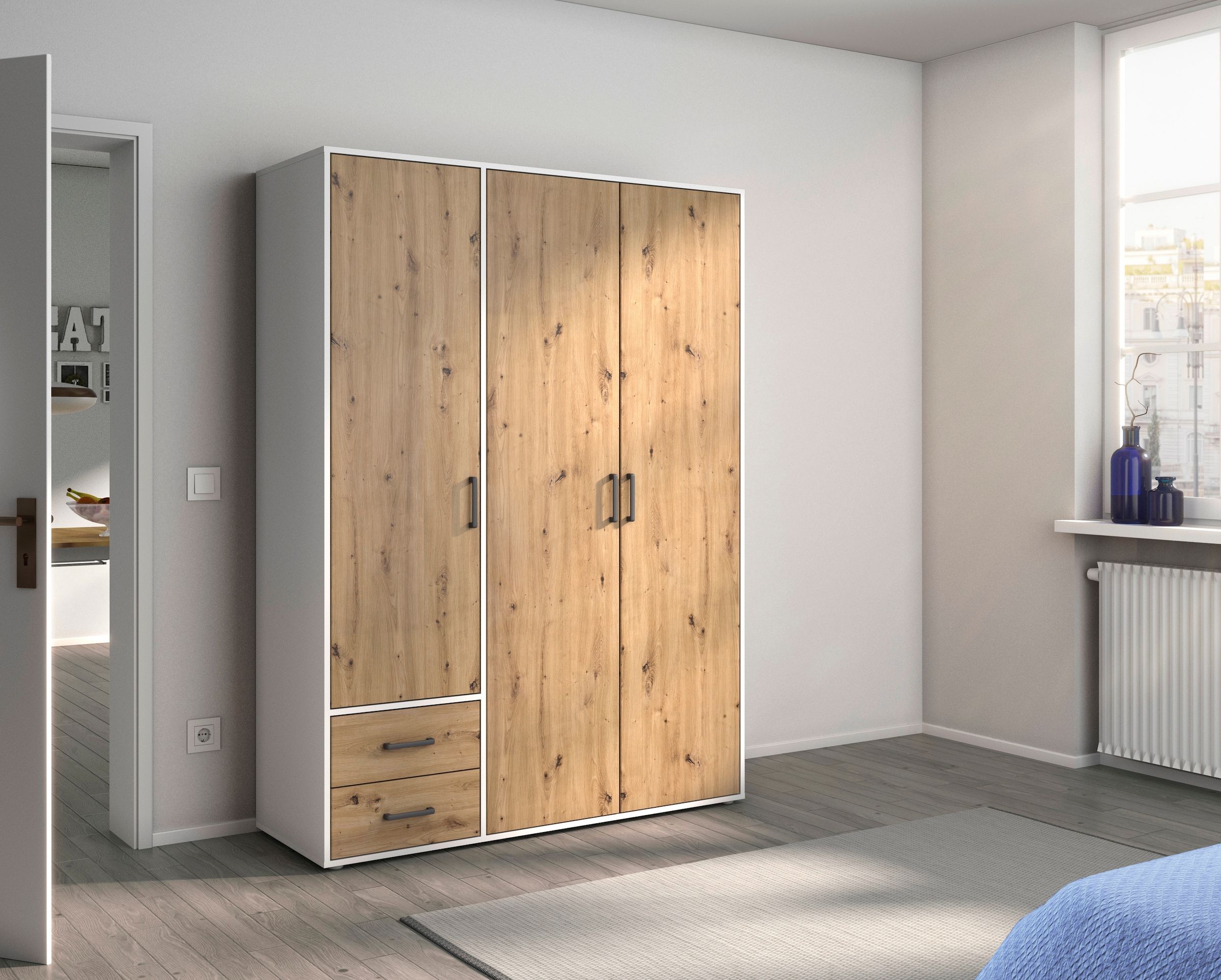 rauch Drehtürenschrank »Kleiderschrank Schrank Garderobe Wäscheschrank VOYAGER«, moderne Griffe in Graumetallic mit Außenschubkästen MADE IN GERMANY