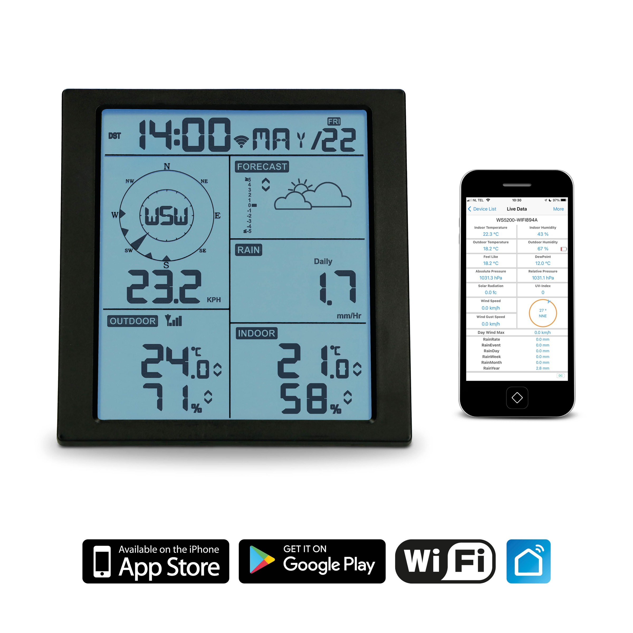 Alecto Wetterstation »WS5200«, (mit Außensensor), 6in1, WLAN-fähig via Wetterplattformen