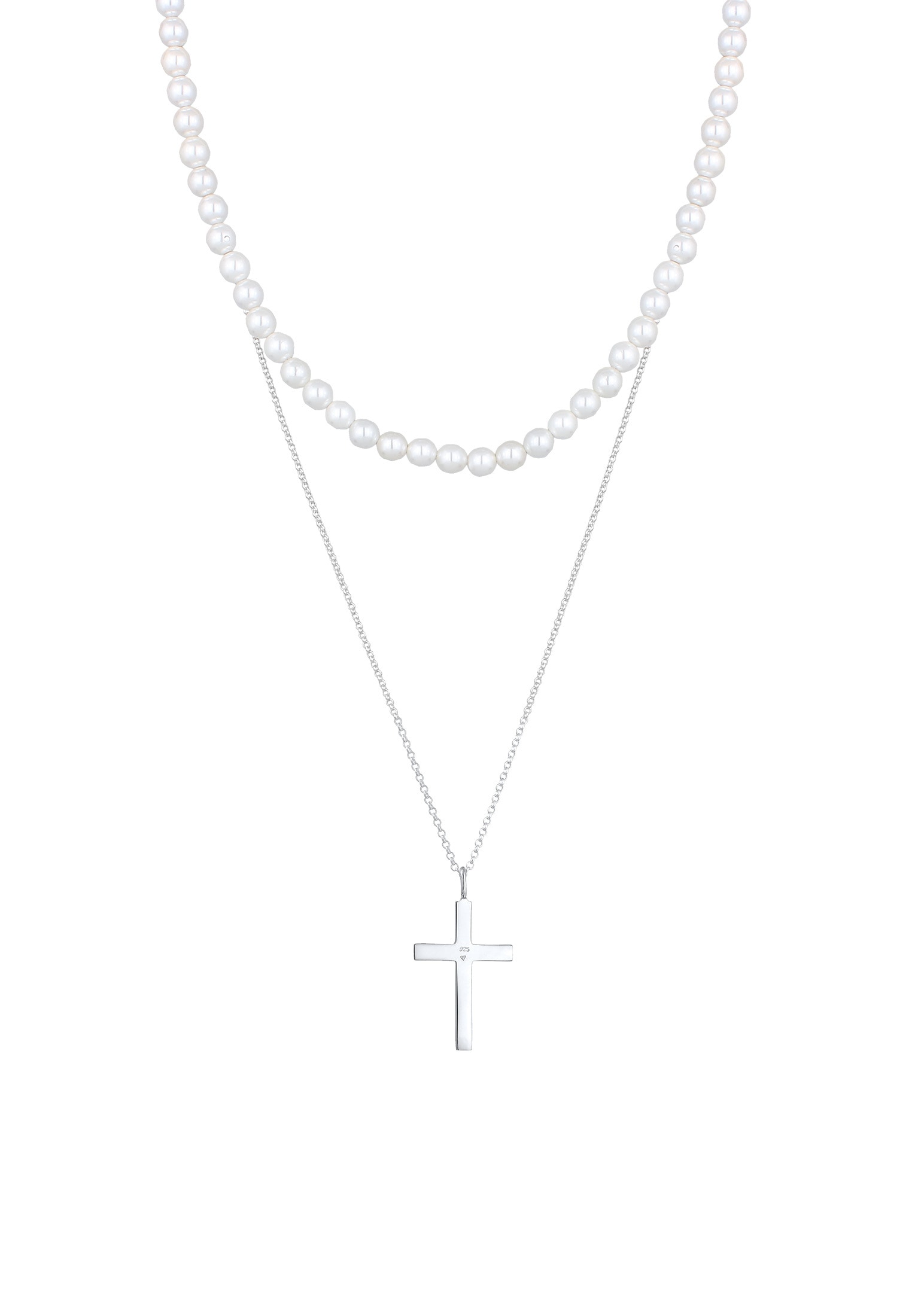 Kuzzoi Kette mit Anhänger »Halskette Muschelkernperlen Kreuz Klassik 2er Set 925 Silber«