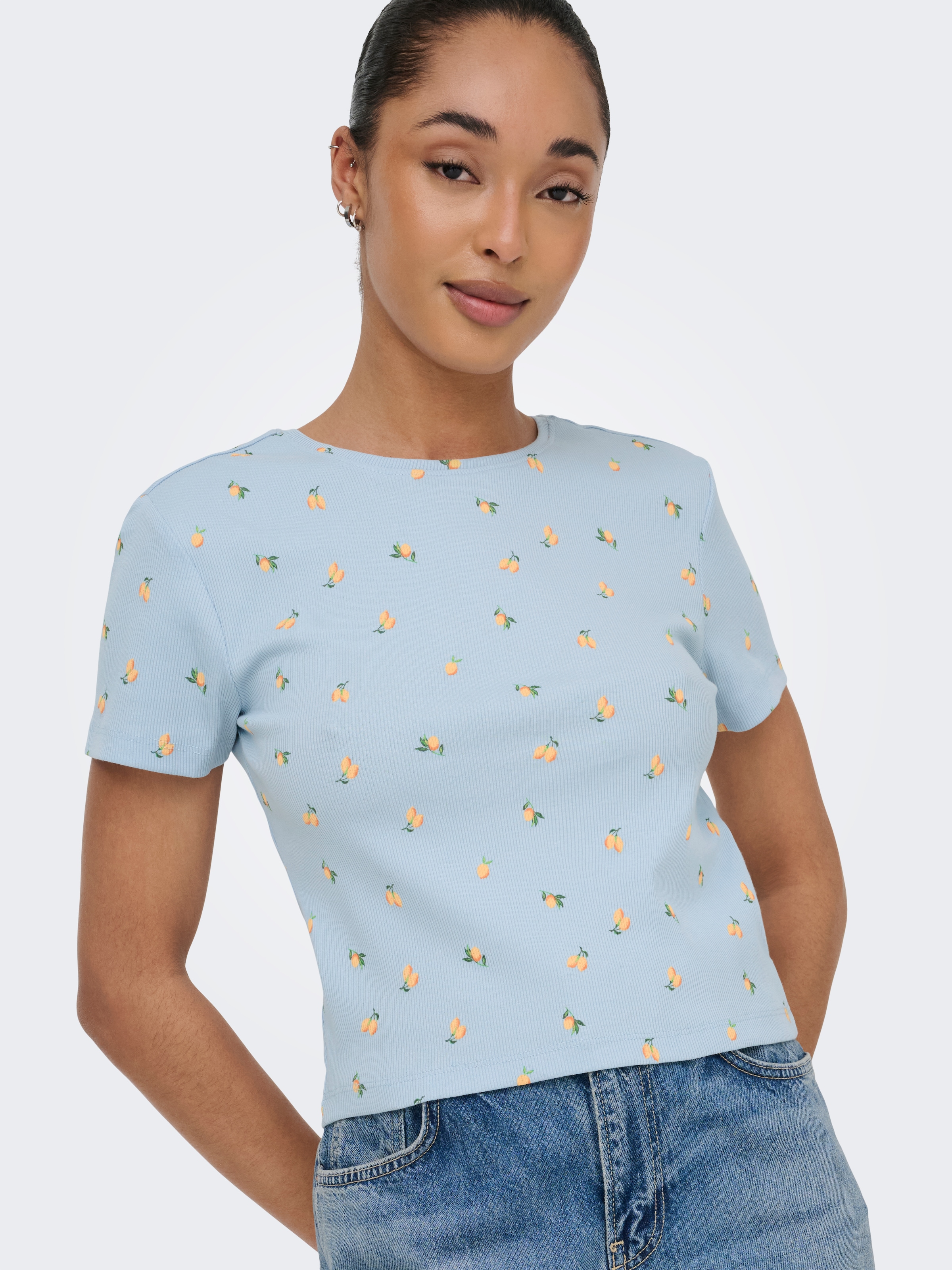 ONLY Kurzarmshirt »ONLFENJA LIFE SS AOP TOP JRS NOOS« Baumwollmischung, Cropped Fit, Rundhals