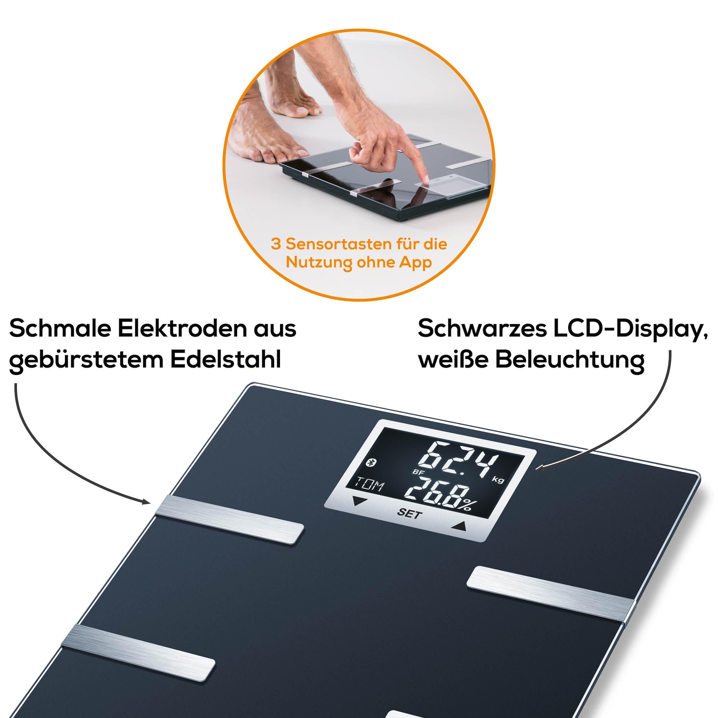 BEURER Körper-Analyse-Waage »BF 720 Messung von Körperfett, Muskelanteil, Kalorienanzeige usw.«, Körperanalyse, mit App zur Übertragung und Tracking der Messwerte