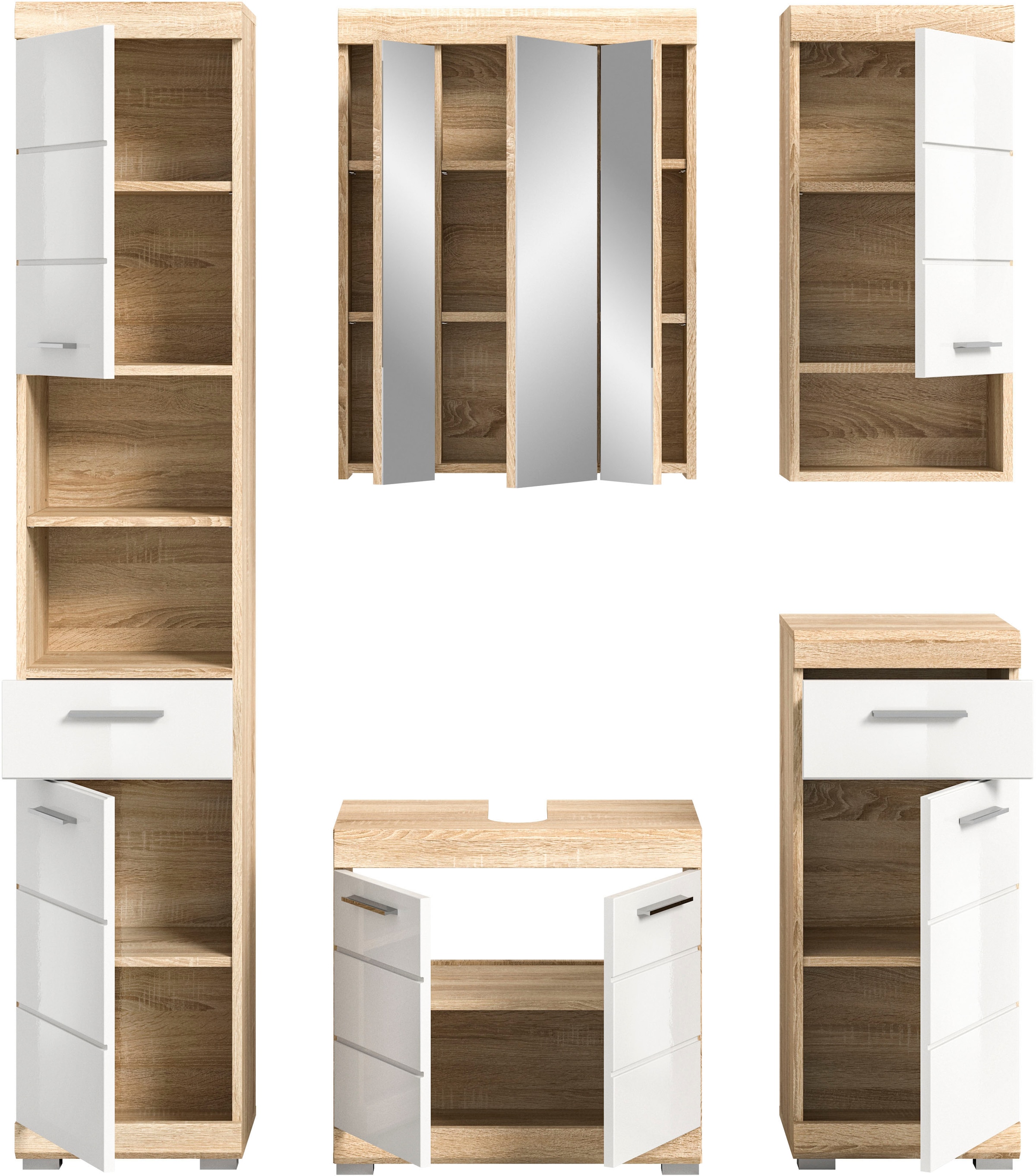 INOSIGN Badmöbel-Set »Siena, 5 teilig, bestehend aus:«, (Set, 5 St., TOPSELLER!), Hochschrank, WBU, Spiegelschrank, Unterschrank, Hängeschrank