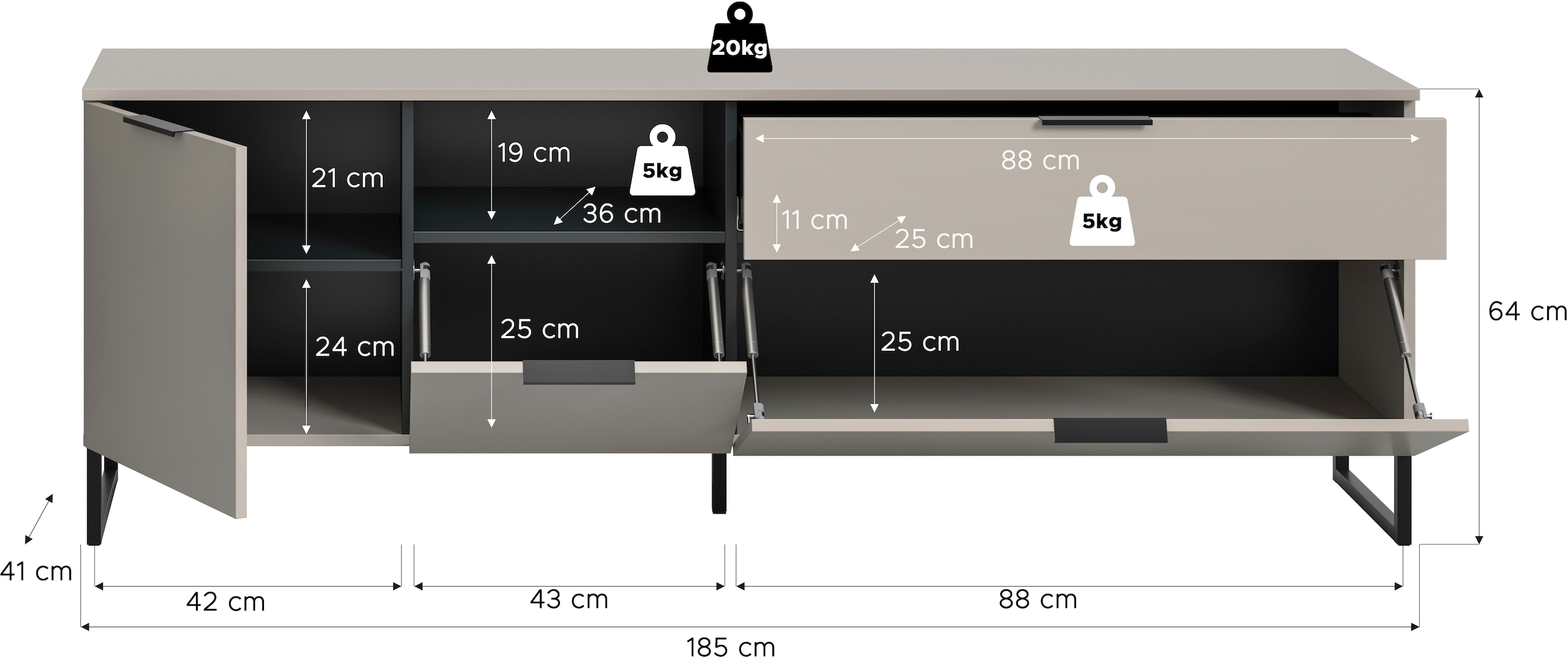 Home affaire Lowboard »ADIO, Breite 185 cm, 2 Klappen, 1 Schubkasten, 1 Tür, mit Metall-Kufen« 1 Stk. tlg. Sideboard, Kommode, TV-Schrank, Schrank, Wohnzimmerschrank, Anrichte