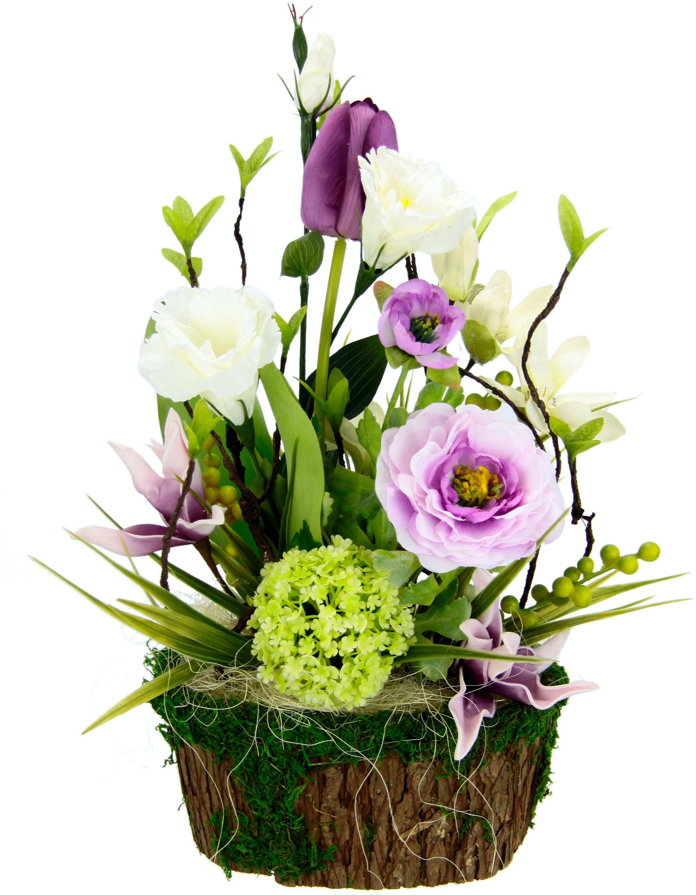 I.GE.A. Kunstblume »Arrangement Ranunkel/Lysianthus«, Pflanzschale aus Rinde mit Moos