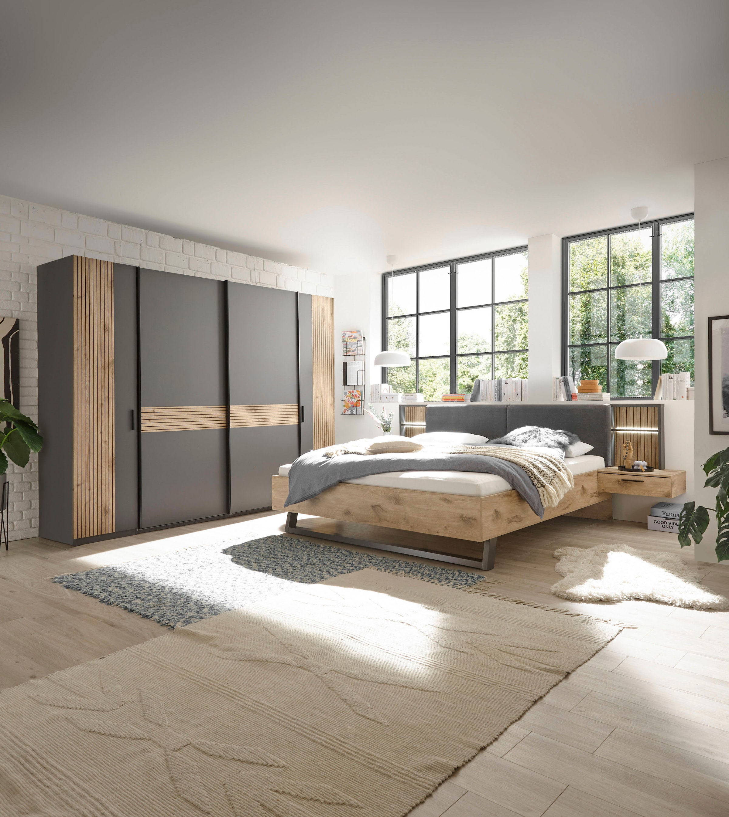 Schlafkontor Kleiderschrank »Daria Drehtürenschrank, Schwebetürenschrank, Schiebetürenschrank«, Absetzung in Viking Oak heller Rillenoptik