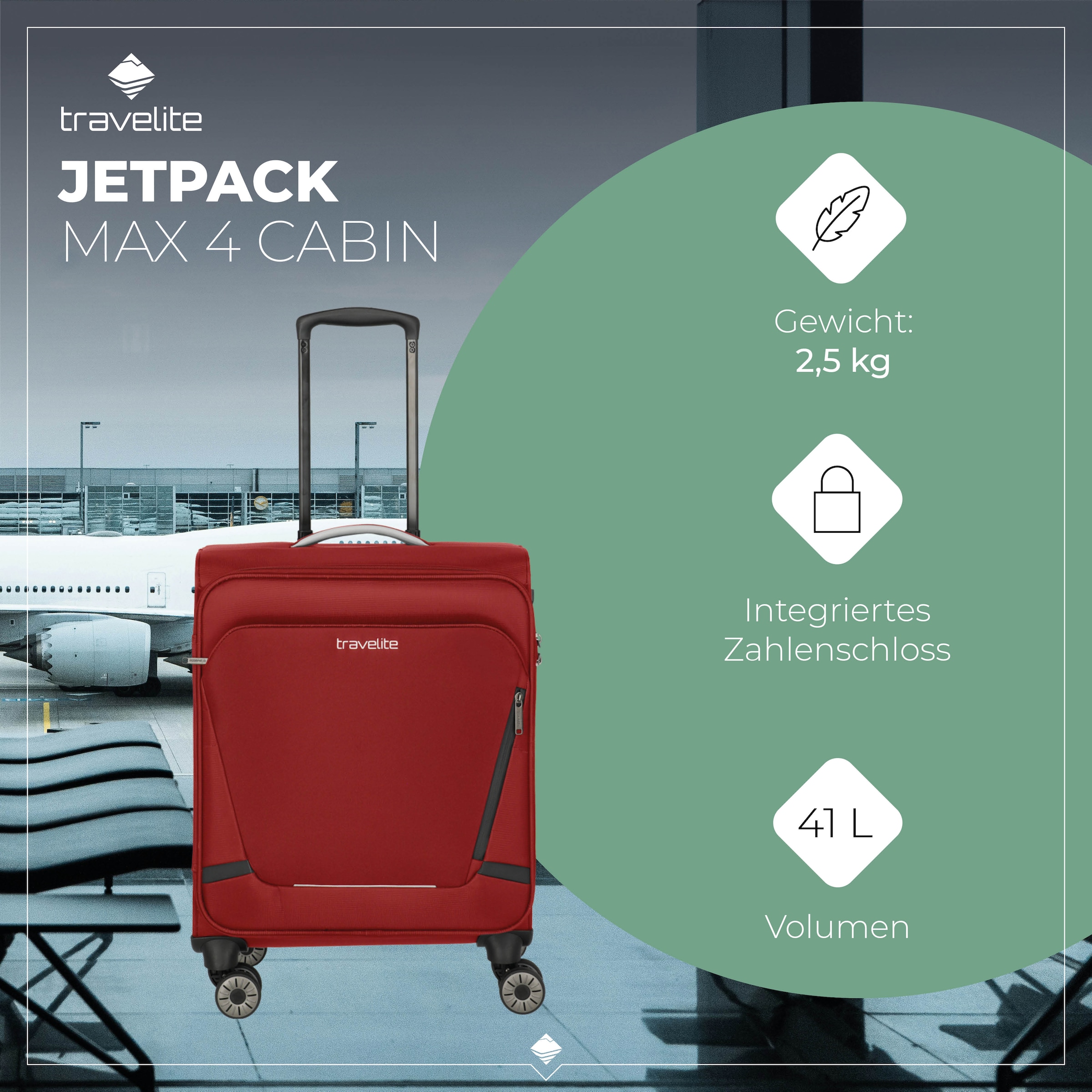 travelite Handgepäck-Trolley »JETPACK Max 4 Cabin Handgepäck Koffer« 41 l 4 Rollen Weichgepäck, passend für Ryanair, Condor und viele gängige Airlines