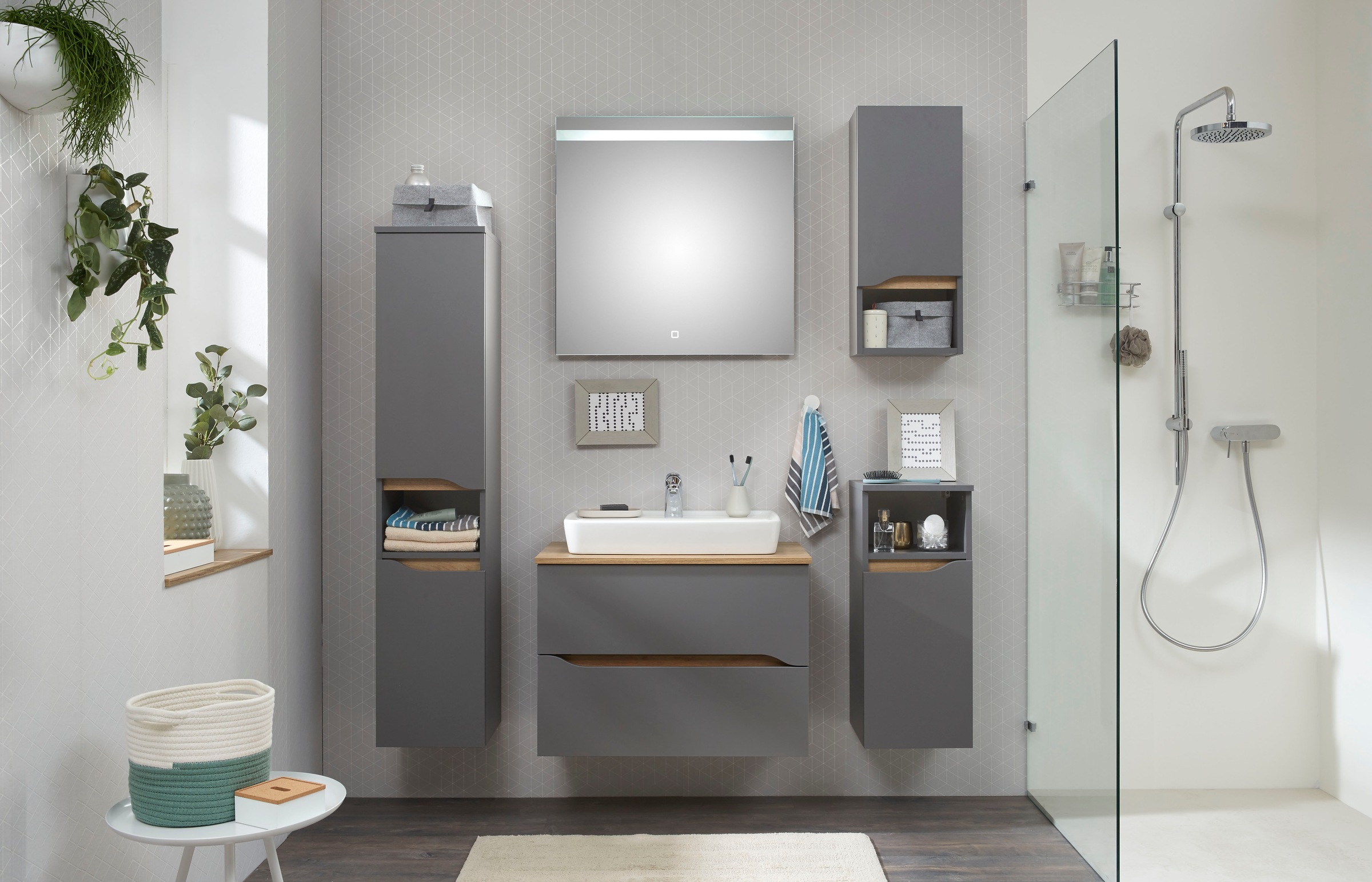 Saphir Badmöbel-Set »Quickset 5-teilig, Keramik-Aufsatzbecken mit LED-Spiegel« 7 Stk. tlg.