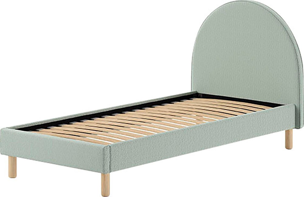 Vipack Polsterbett »Moon, mit flauschigem Bouclé Stoff in verschiedenen Farben« B/H/T ca. 147x132x212cm, gebogenes Kopfteil, Füße Massivholz,  inkl. Rolllattenrost, wahlweise 2 Breiten und verschiedene Farben