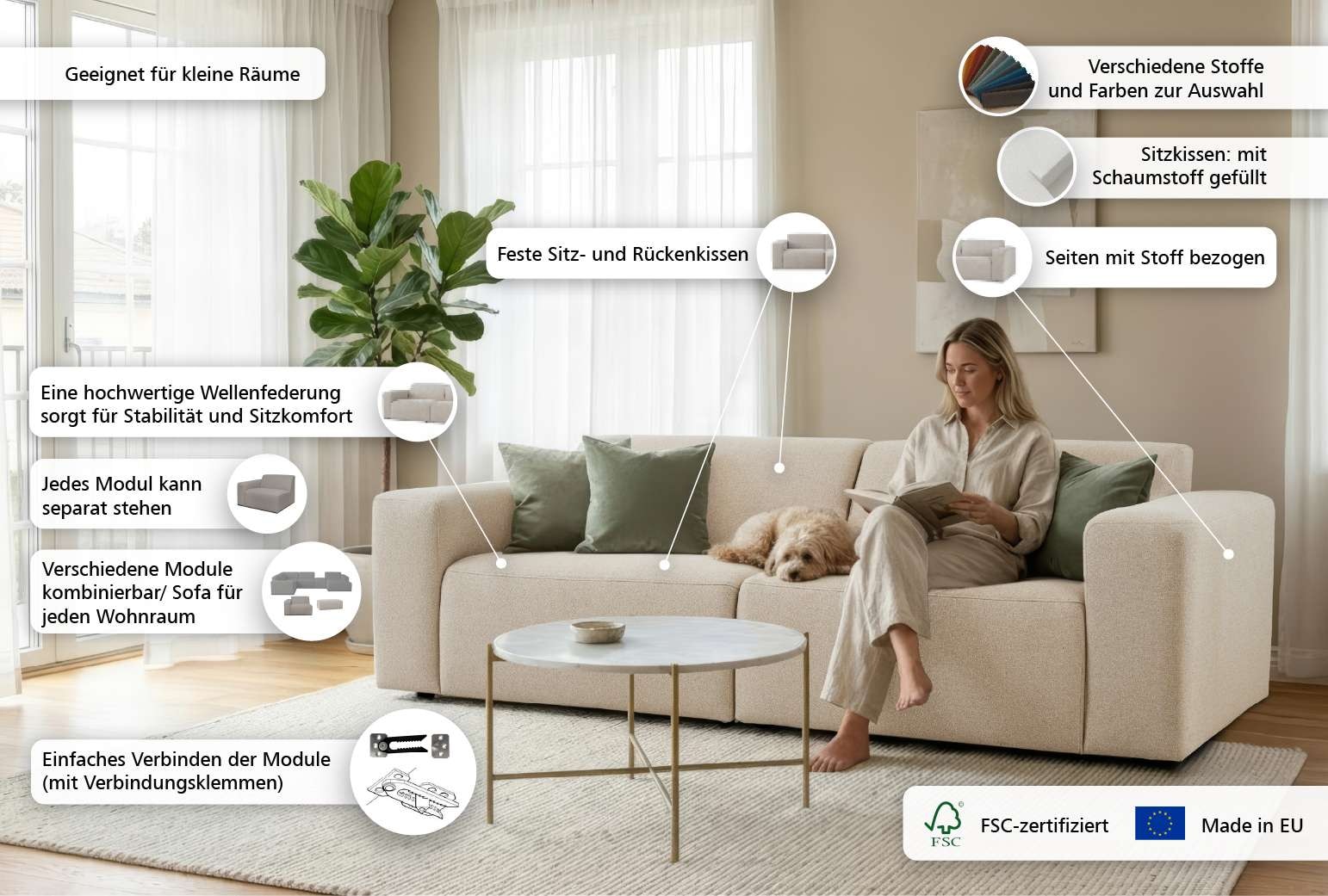 OTTO home 3-Sitzer »Koa, 228 cm, Modulsofa in Cord, Chenille, Struktur, Webstoff« Designsofa, weicher Lounge-Sitzkomfort, Welleunterfederung, bodentief