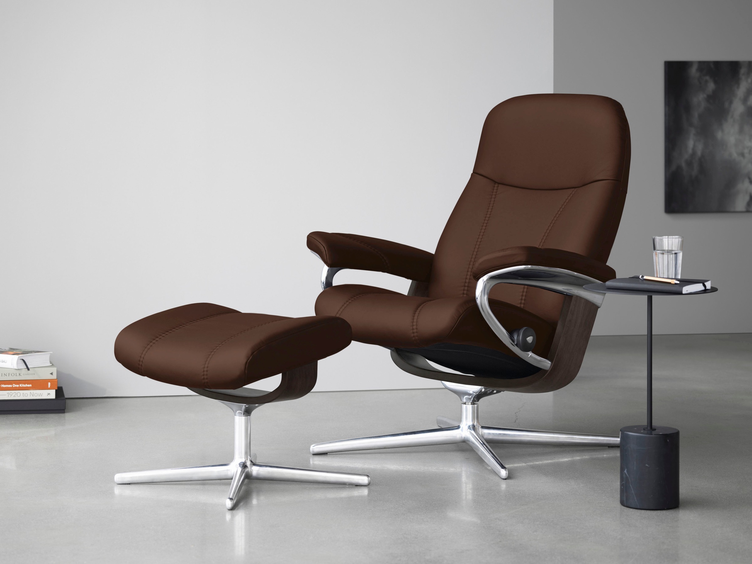 Stressless® Relaxsessel »Consul«, (Set, Relaxsessel mit Hocker), mit Hocker, mit Cross Base, Größe S, M & L, Holzakzent Wenge