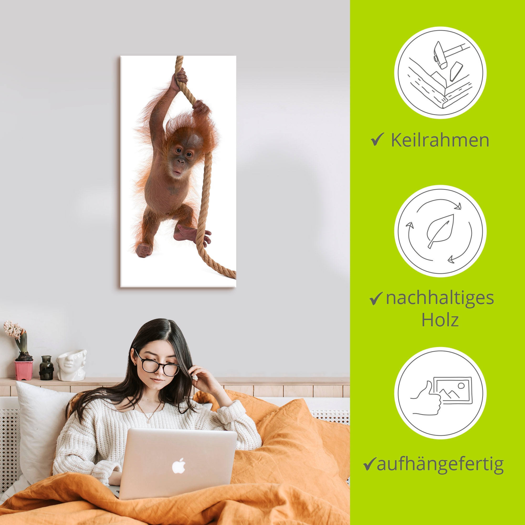 Artland Wandbild »Baby Orang Utan hängt am Seil I«, Wildtiere, (1 St.), als Alubild, Leinwandbild, Wandaufkleber oder Poster in versch. Größen