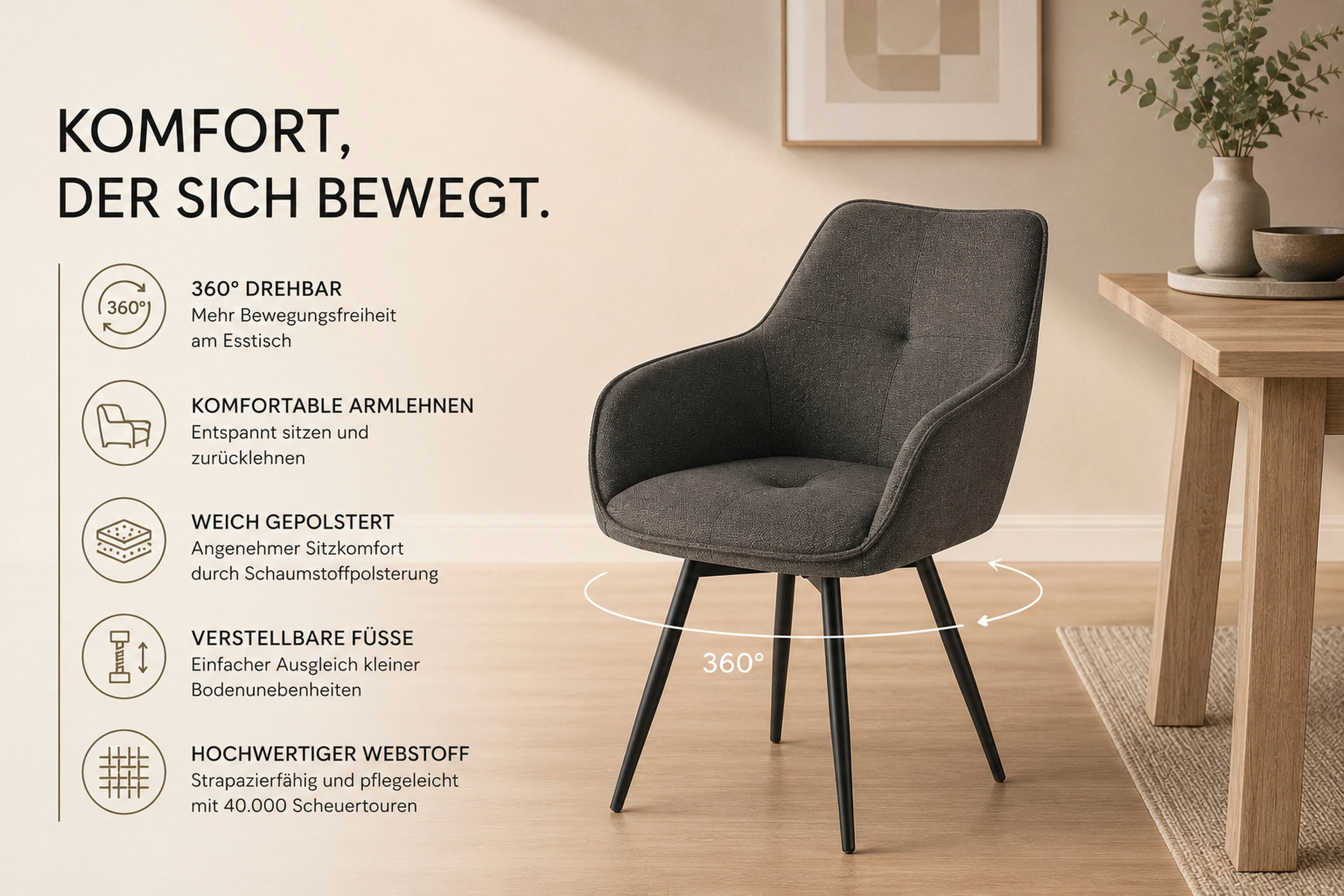 OTTO home Esszimmerstuhl »Azura, 2er-Set« (Set) 2 Stk.Moderner Armlehnstuhl mit 360 Grad drehbarer Sitzschale in Webstoff